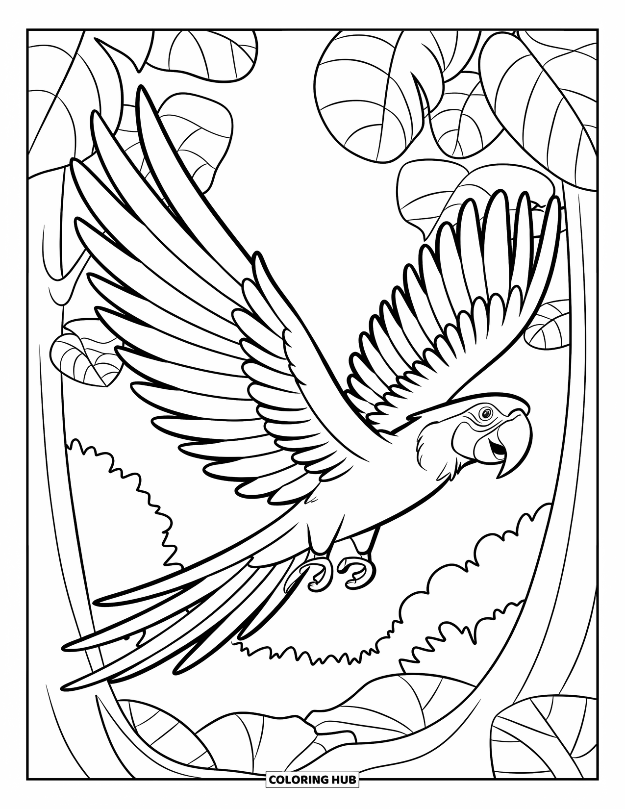 Rainforest Coloring Page for Kids: Macaw with wide wings glides over rainforest trees