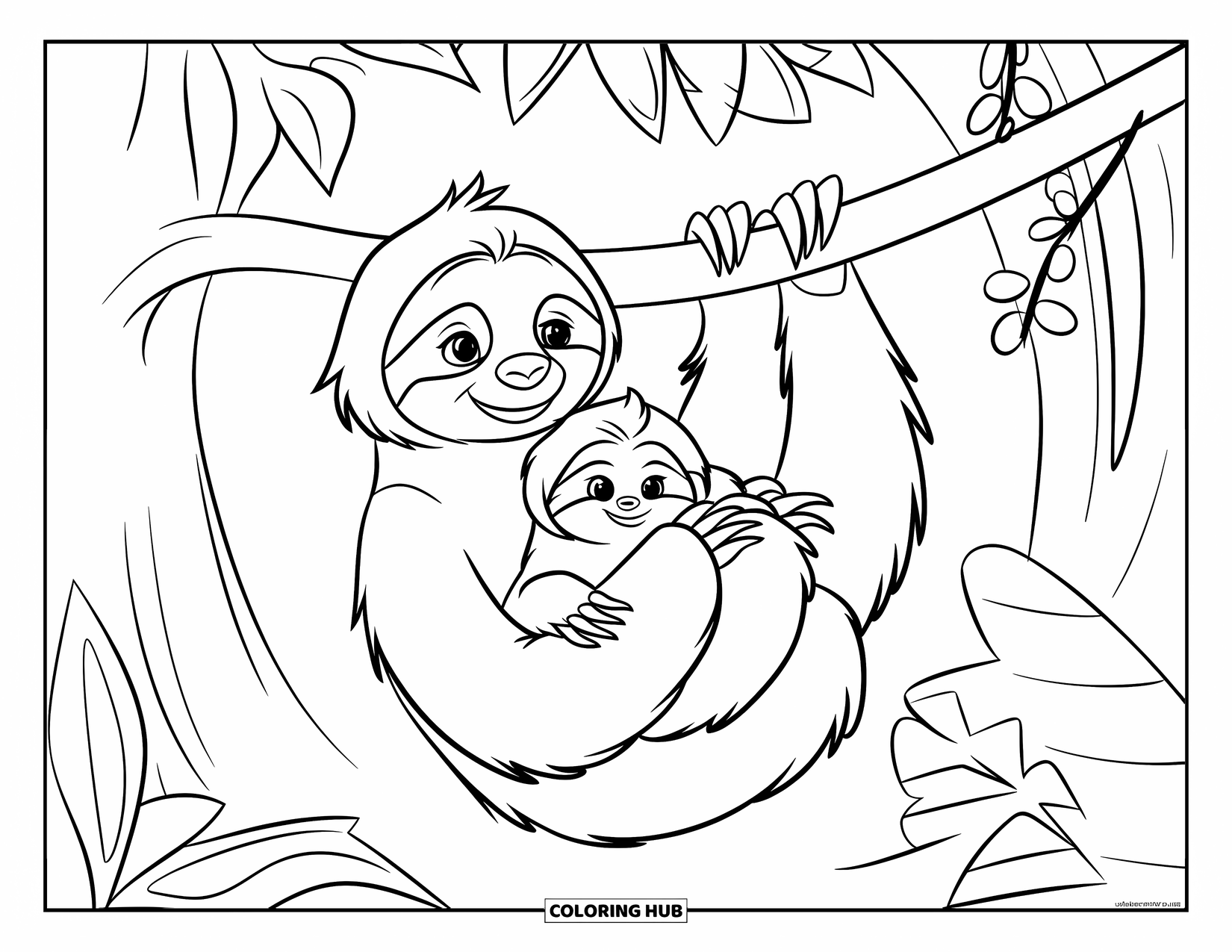 Rainforest Coloring Page for Kids: Mother sloth cuddles her baby while hanging peacefully in the rainforest