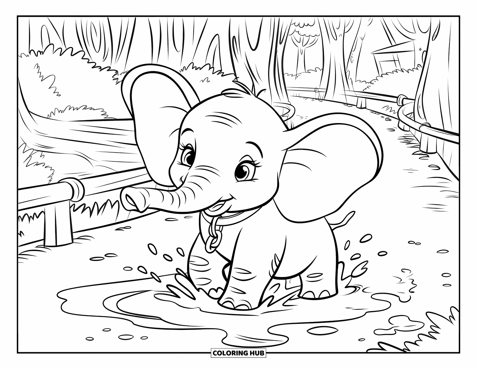 Rainforest Coloring Page for Kids: Playful elephant splashes near trees and a wooden bridge