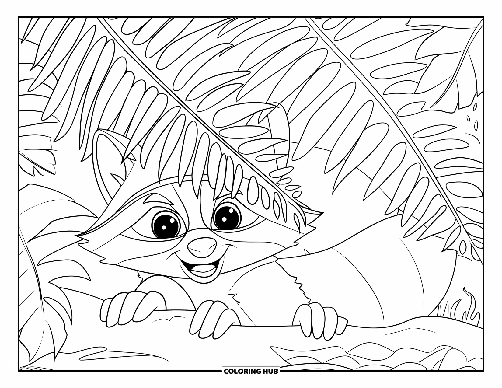 Rainforest Coloring Page for Kids: Raccoon peeks out from under a fern in the rainforest