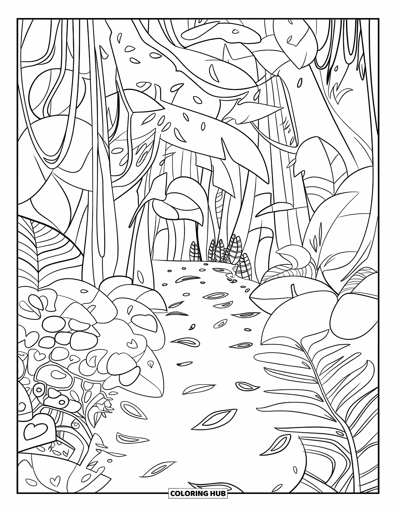 Rainforest Coloring Page for Kids: Rainforest path is filled with vines, leaves, and towering trees