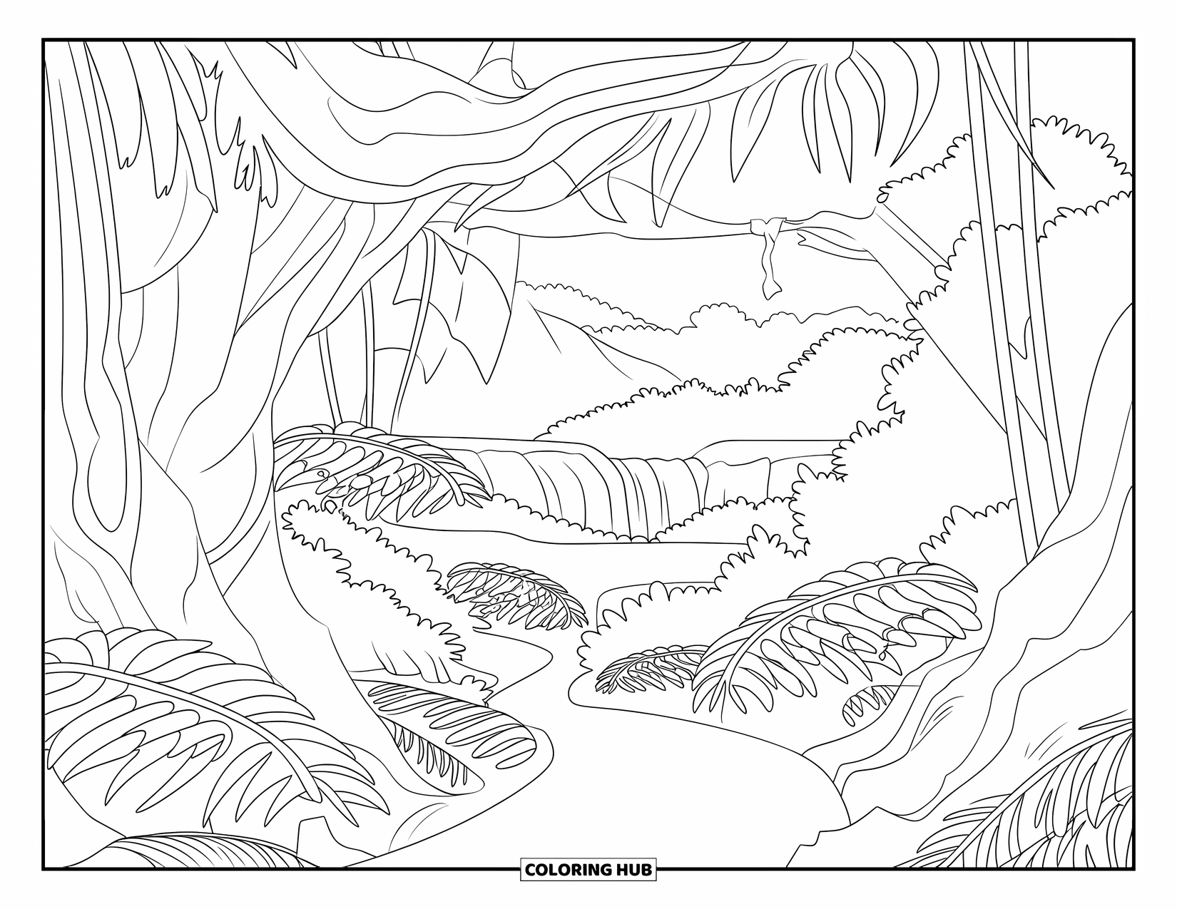 Rainforest Coloring Page for Kids: Rainforest trail winds through trees with a waterfall in the distance