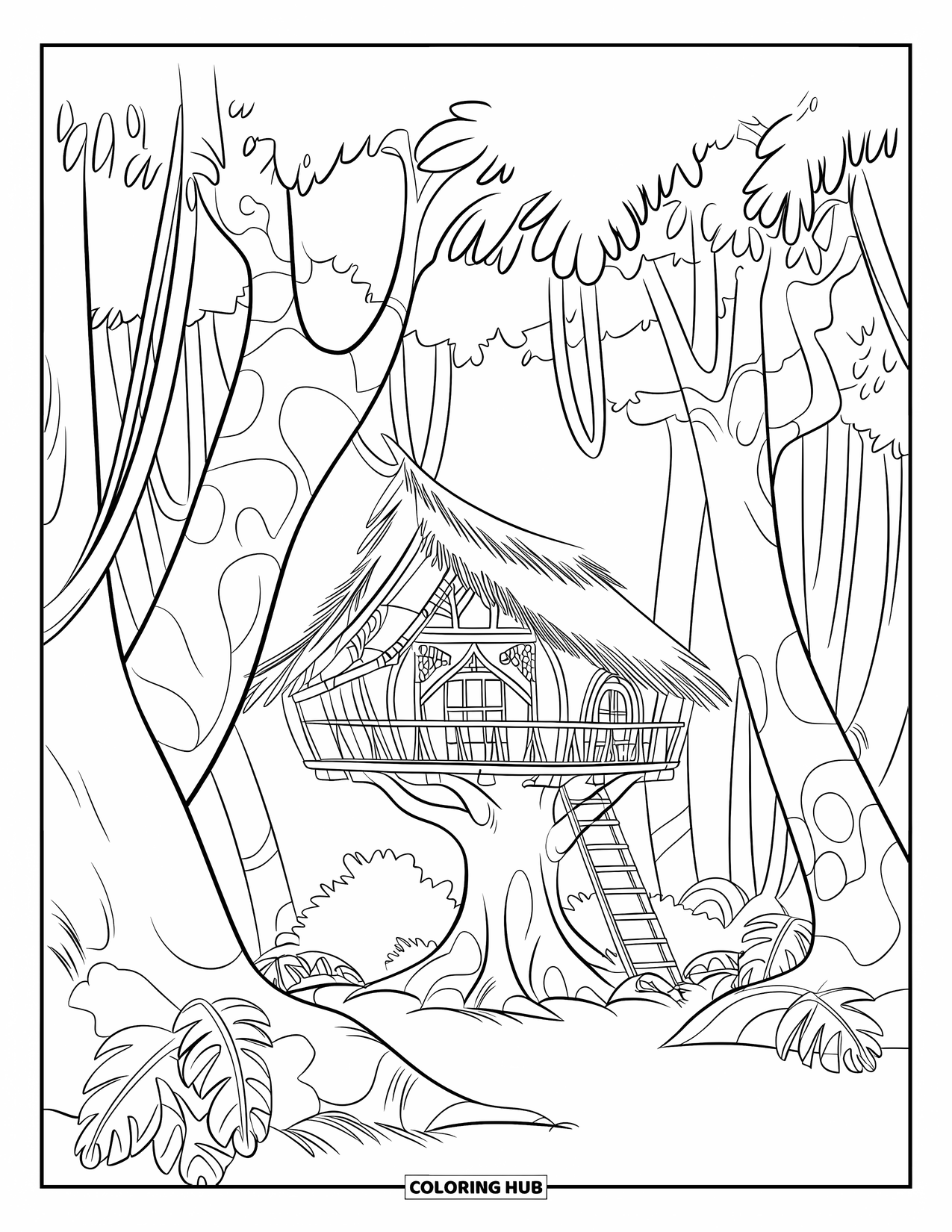 Rainforest Coloring Page for Kids: Rainforest treehouse with ladders and big leaves all around
