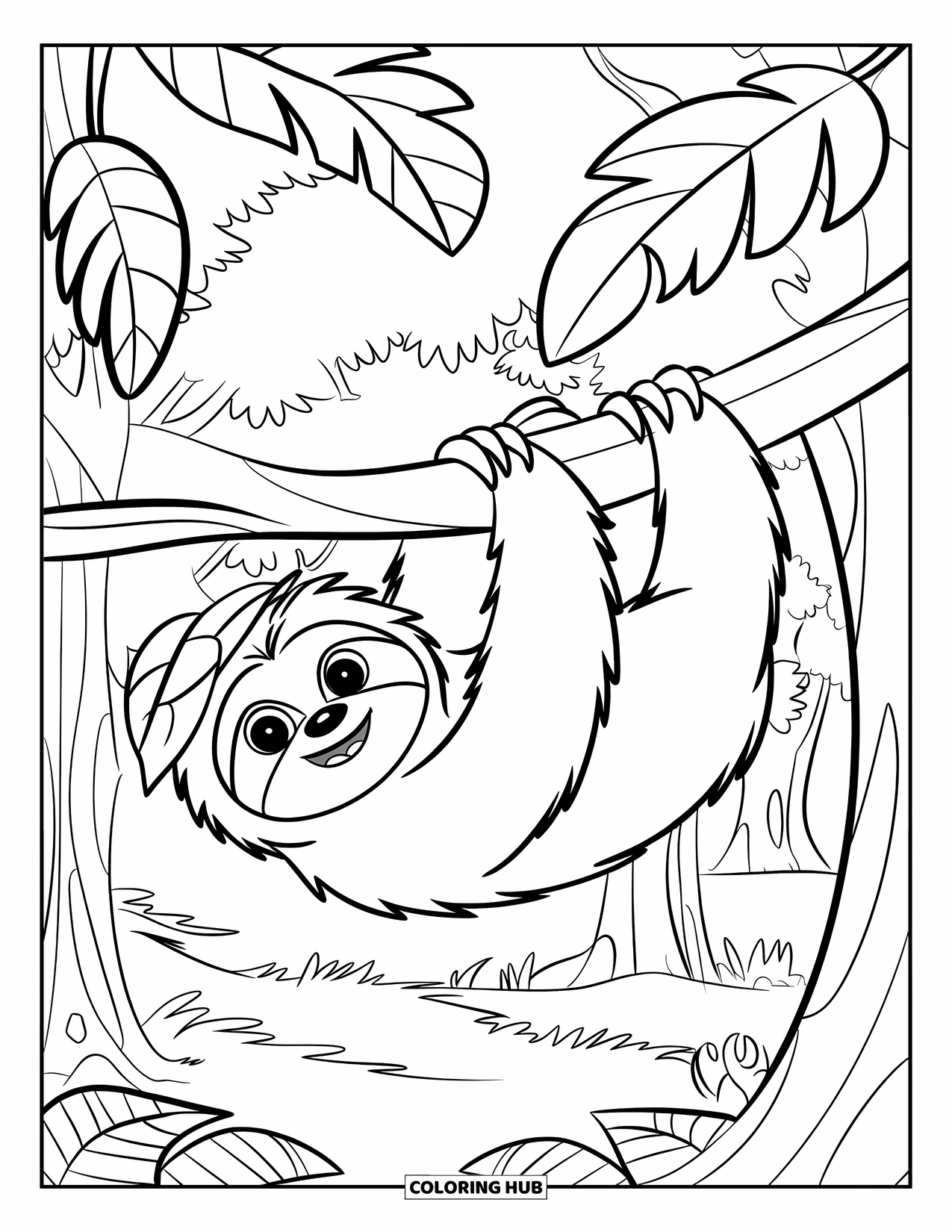 Rainforest Coloring Page for Kids: Sloth in a leaf hat dangles from a jungle tree branch