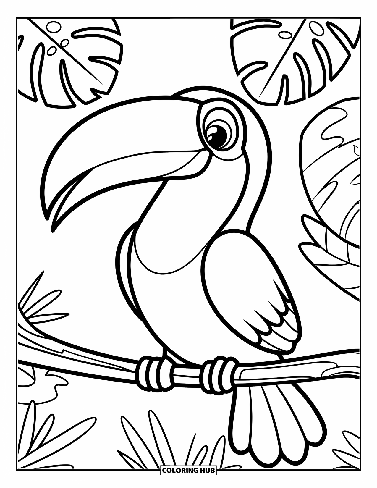 Rainforest Coloring Page for Kids: Toucan smiles on a branch with giant rainforest leaves behind