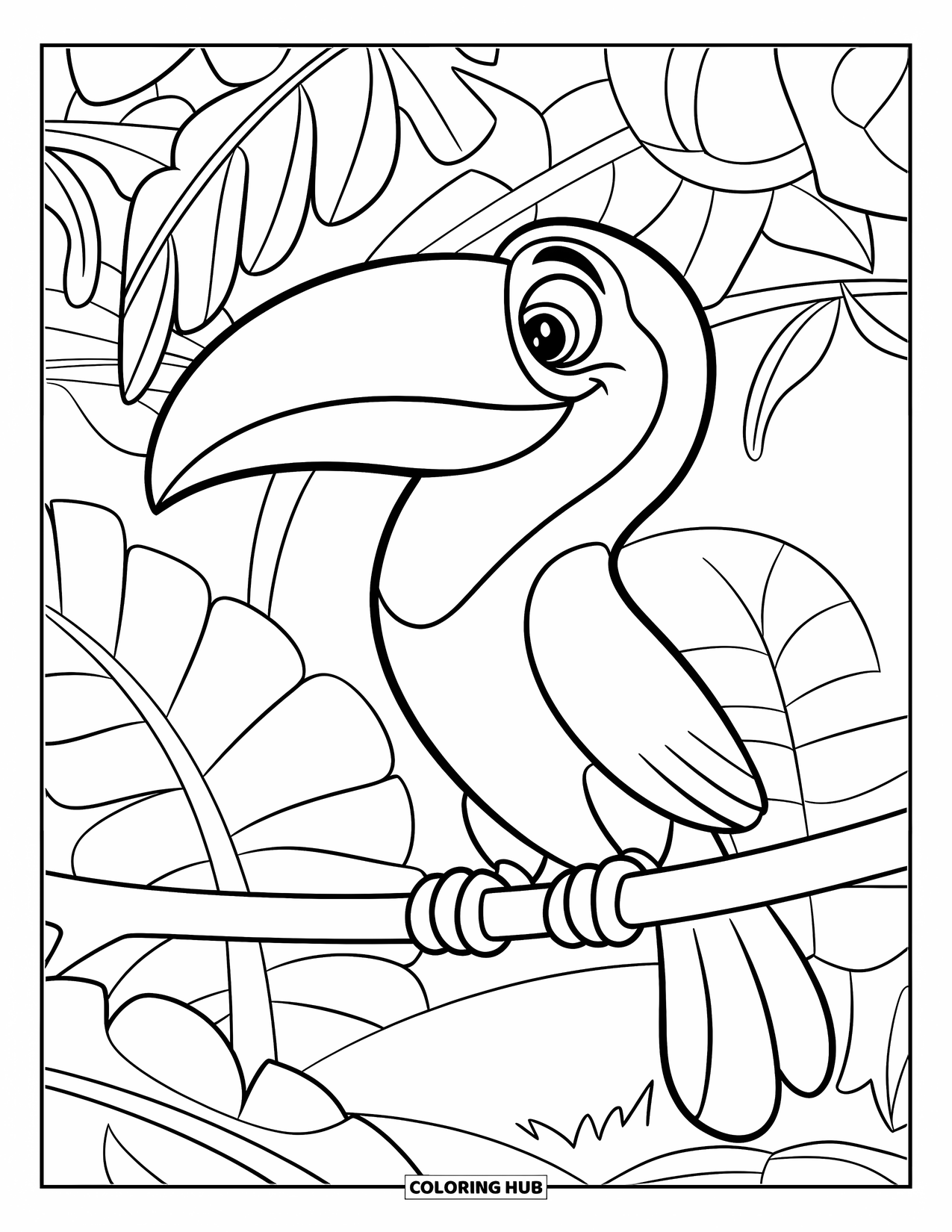 Rainforest Coloring Page for Kids: Toucan with a big beak sits among lush rainforest leaves