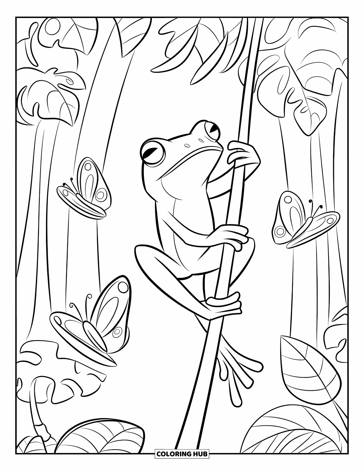 Rainforest Coloring Page for Kids: Tree frog climbs a vine with butterflies fluttering nearby