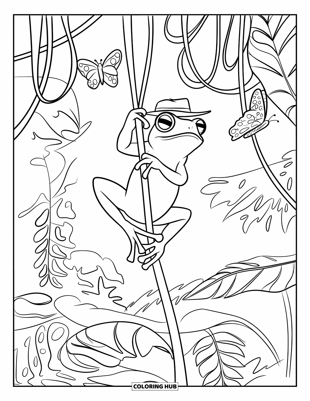 Rainforest Coloring Page for Kids: Tree frog in a tiny hat climbs a vine with butterflies