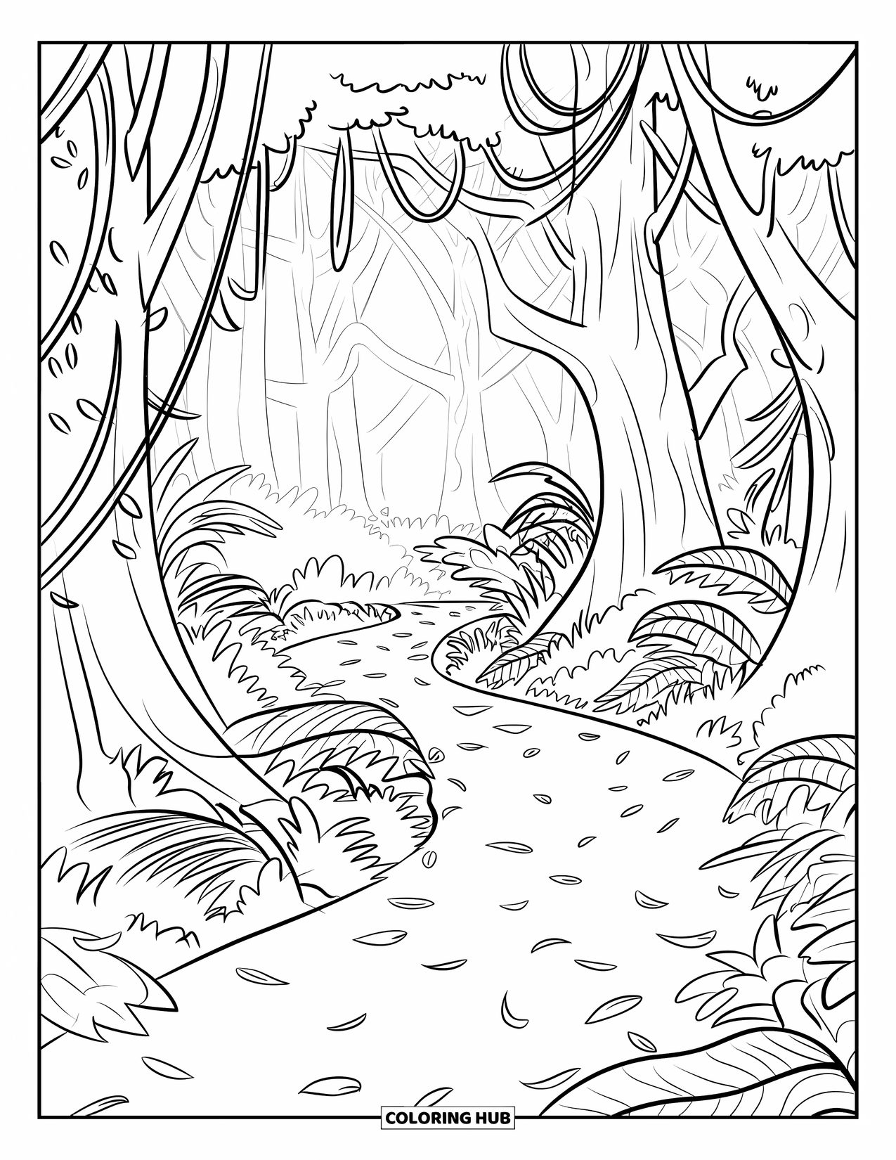 Rainforest Coloring Page for Kids: Winding trail cuts through leafy jungle with tall trunks all around