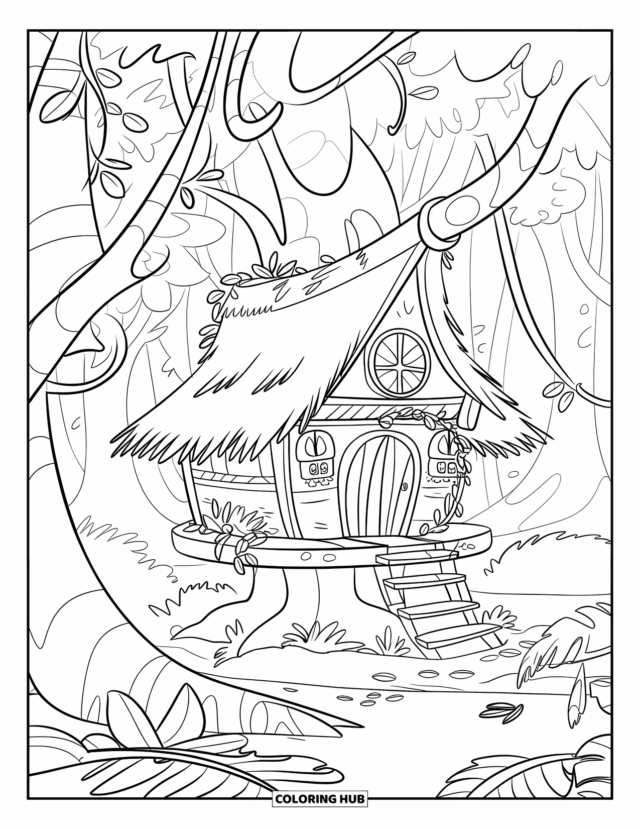 Rainforest Coloring Page for Kids: Wooden treehouse nestled among leafy rainforest branches and vines