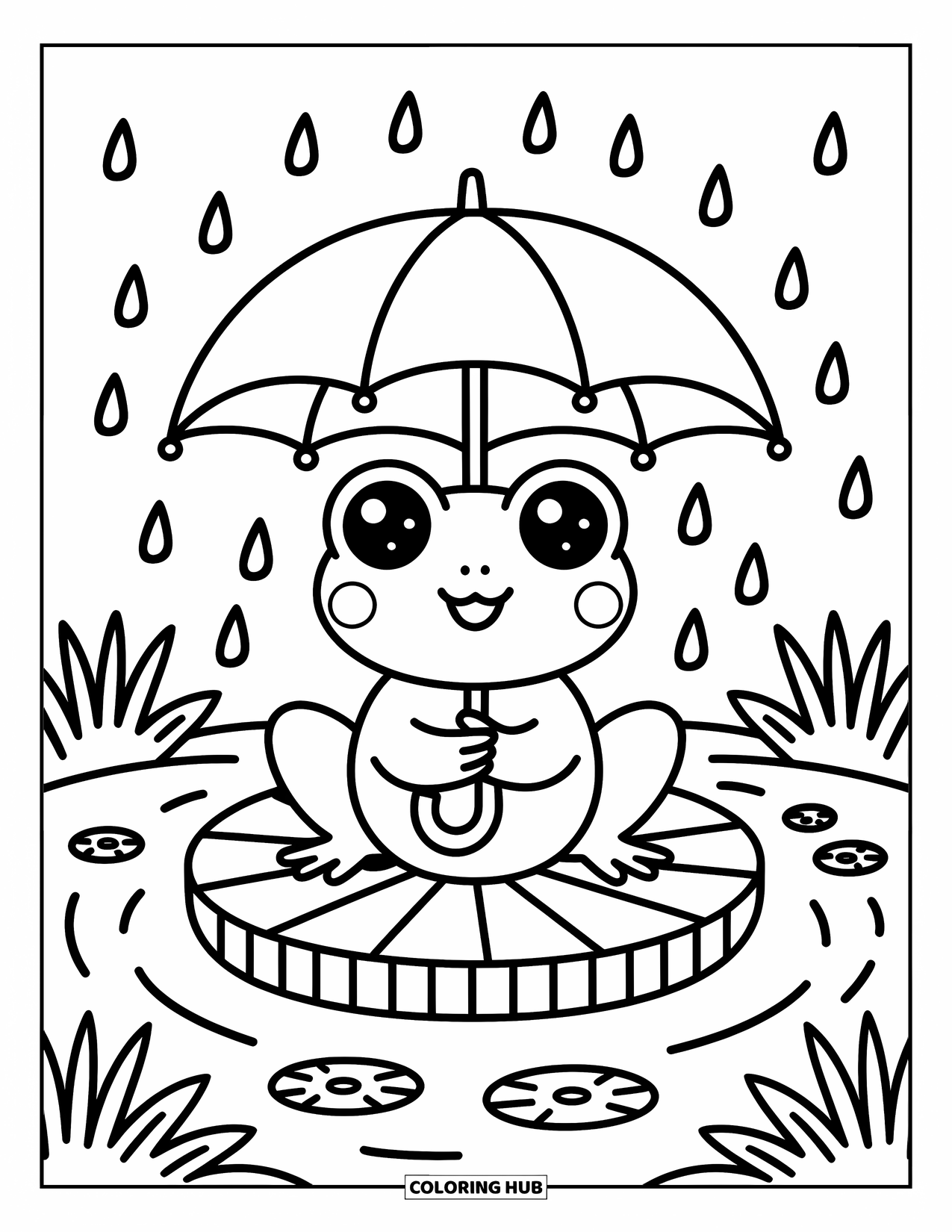 Rainy Day Coloring Page for Adults: A cheerful frog holds an umbrella on a lily pad surrounded by soft rain