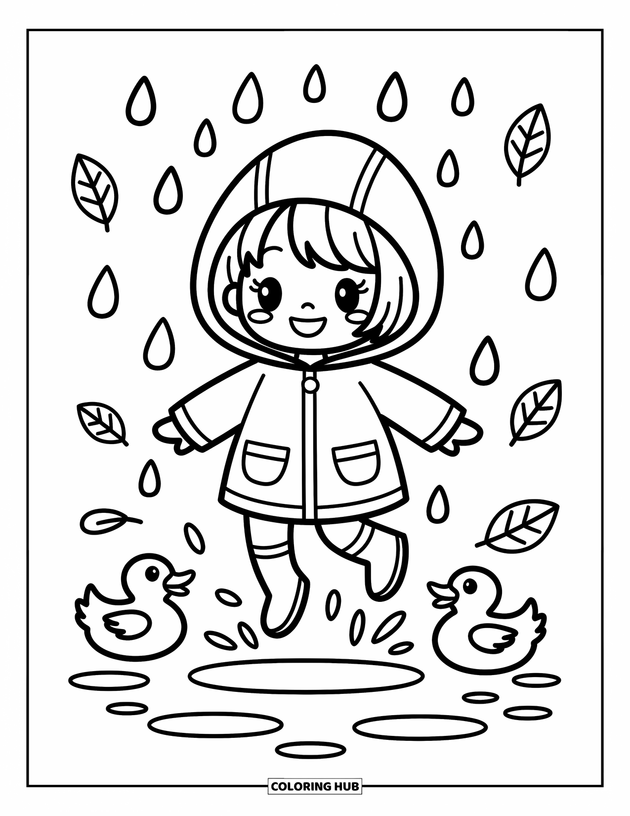Rainy Day Coloring Page for Adults: A cheerful girl in a raincoat splashes through puddles with duckies and swirling leaves