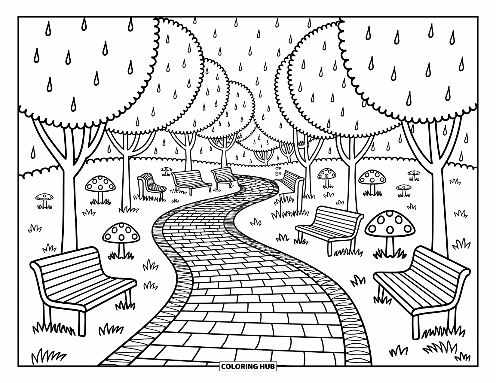 Rainy Day Coloring Page for Adults: A cobblestone path winds through a rainy park with trees, benches, and forgotten umbrellas