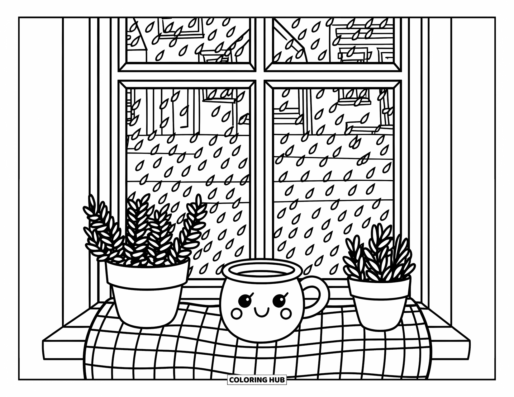 Rainy Day Coloring Page for Adults: A cozy window scene with raindrops, plants, and a warm drink on a checkered cloth