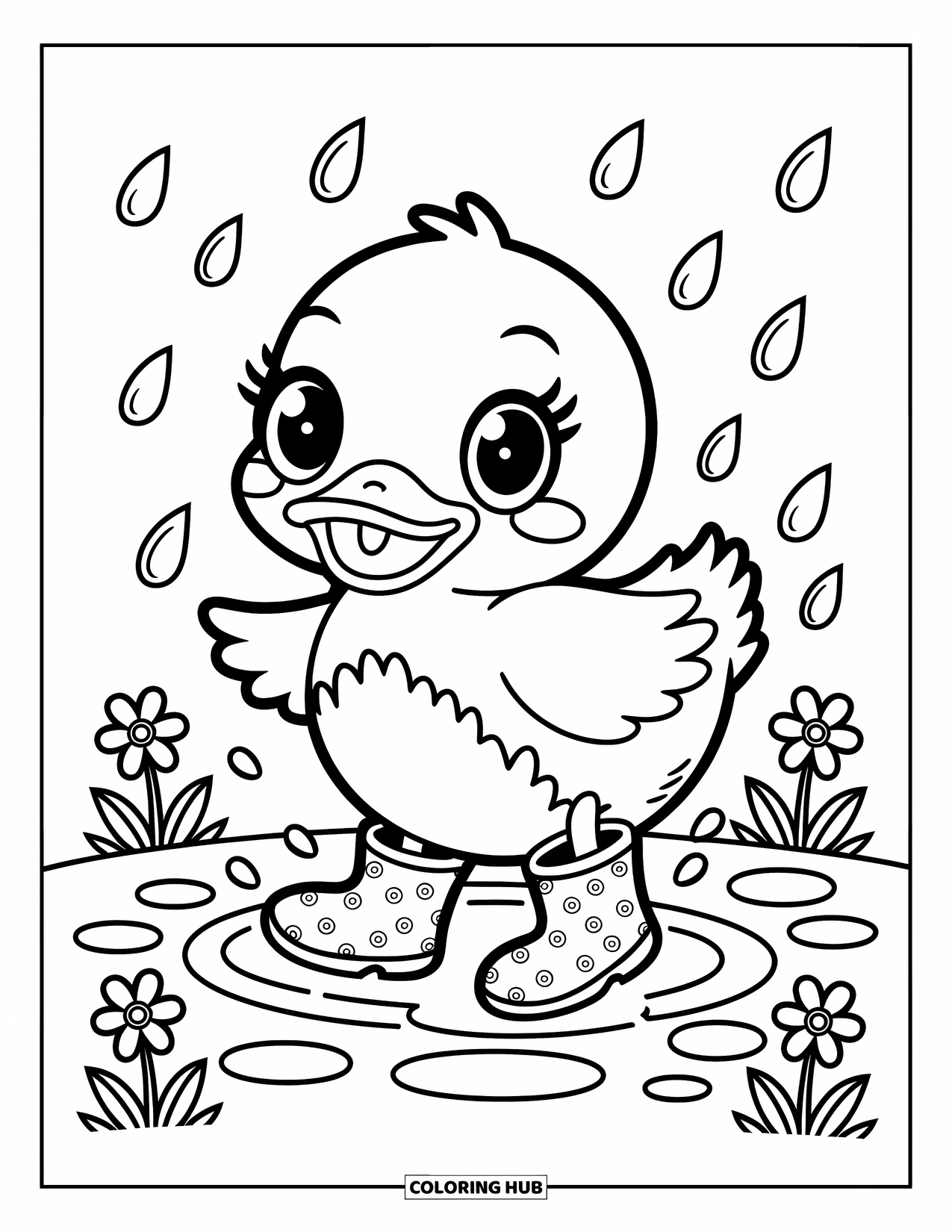 Rainy Day Coloring Page for Adults: A cute duck in boots jumps through puddles surrounded by flowers and raindrops
