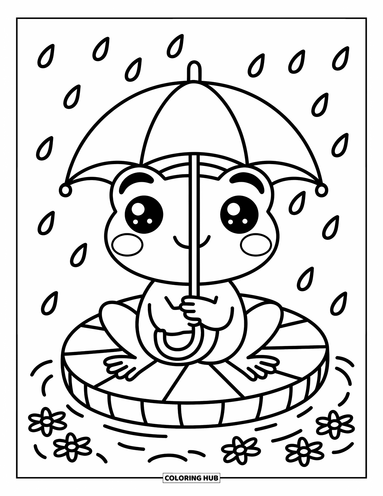 Rainy Day Coloring Page for Adults: A cute frog under an umbrella sits on a lily pad with flowers floating nearby