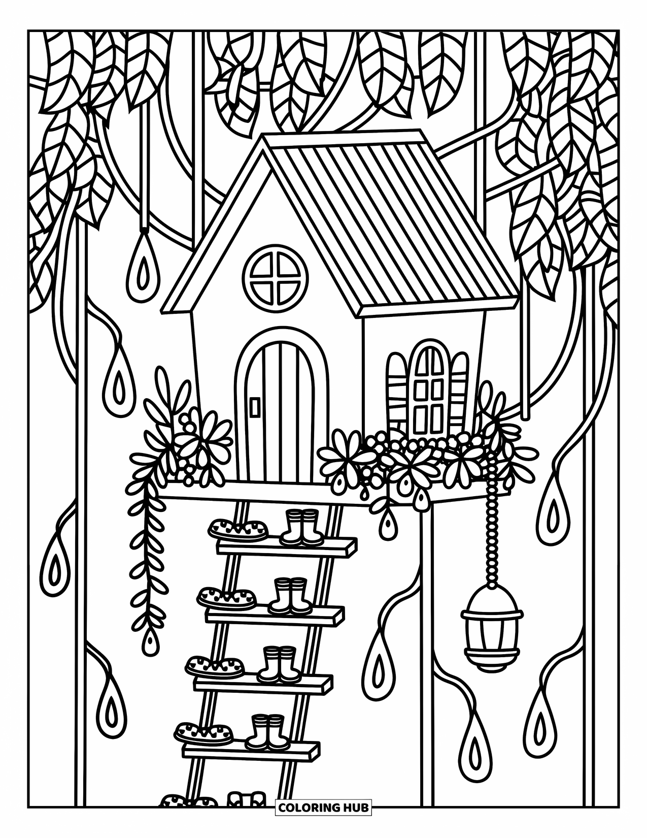 Rainy Day Coloring Page for Adults: A forest treehouse with a hanging ladder, rain boots, and a glowing lantern