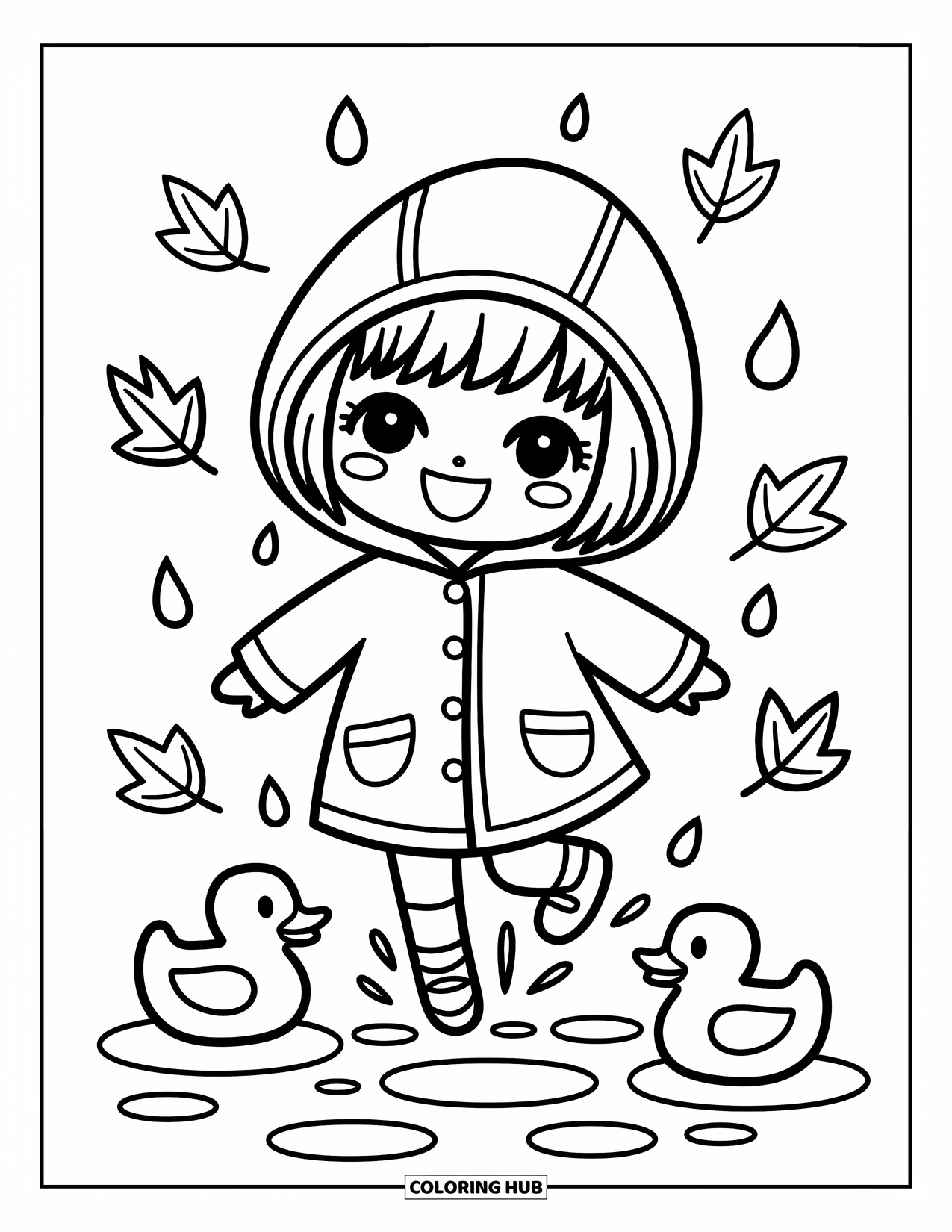 Rainy Day Coloring Page for Adults: A happy girl in a raincoat splashes through puddles with duckies and swirling leaves