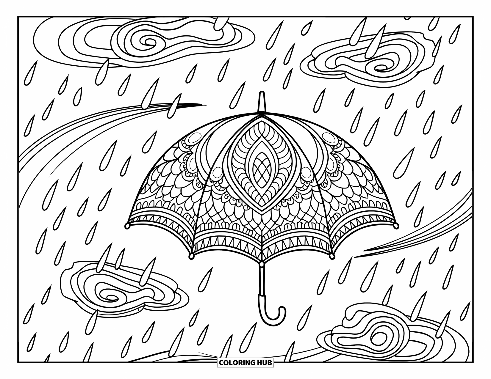 Rainy Day Coloring Page for Adults: A patterned umbrella floats among swirling raindrops in a dreamy, mandala-style scene