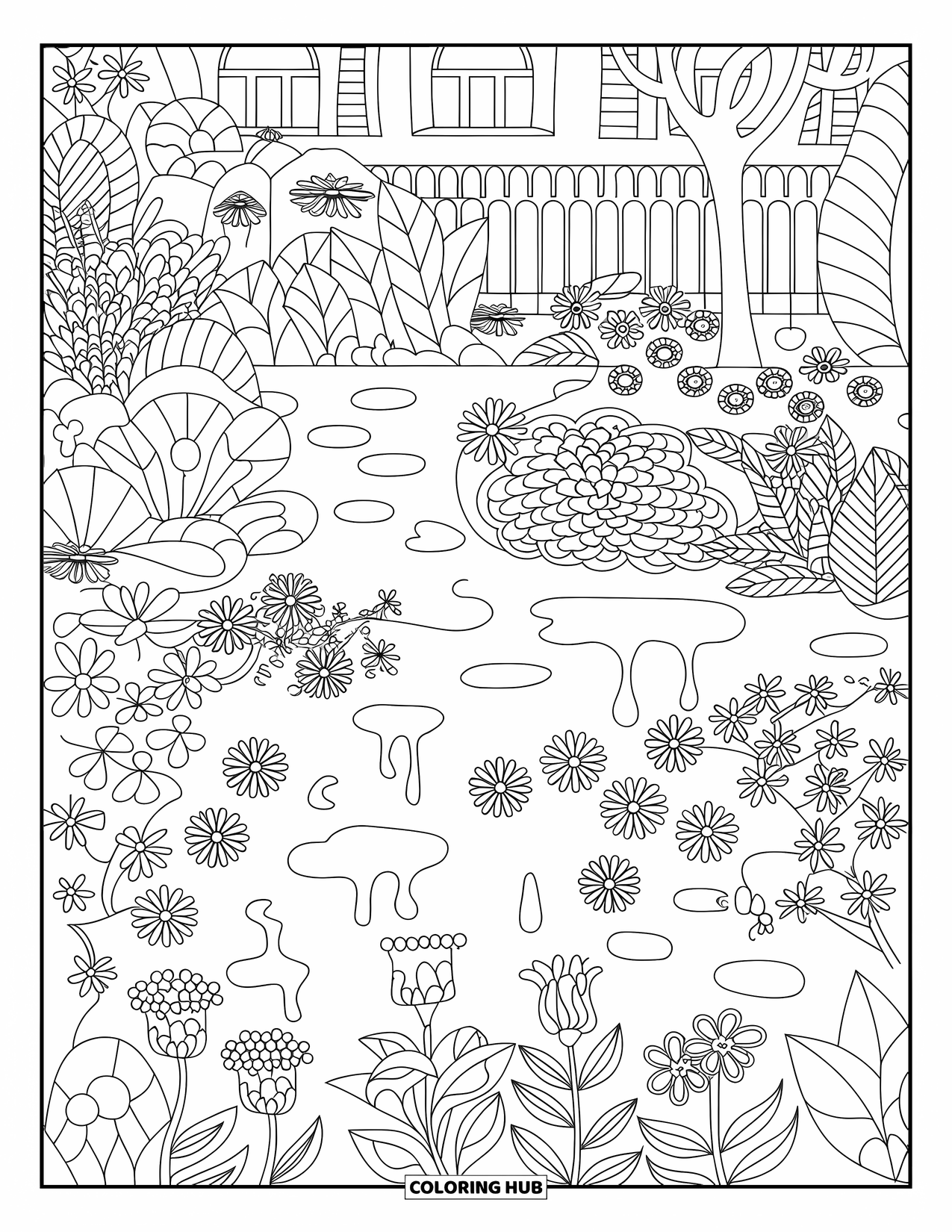 Rainy Day Coloring Page for Adults: A quiet garden with puddles, flowers, and a fence creates a rainy, relaxing scene