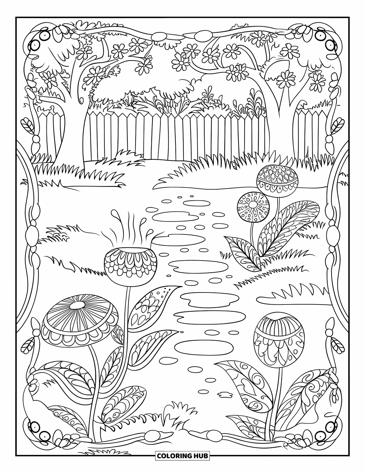 Rainy Day Coloring Page for Adults: A rainy garden with flowers, a stone path, and trees surrounded by decorative borders
