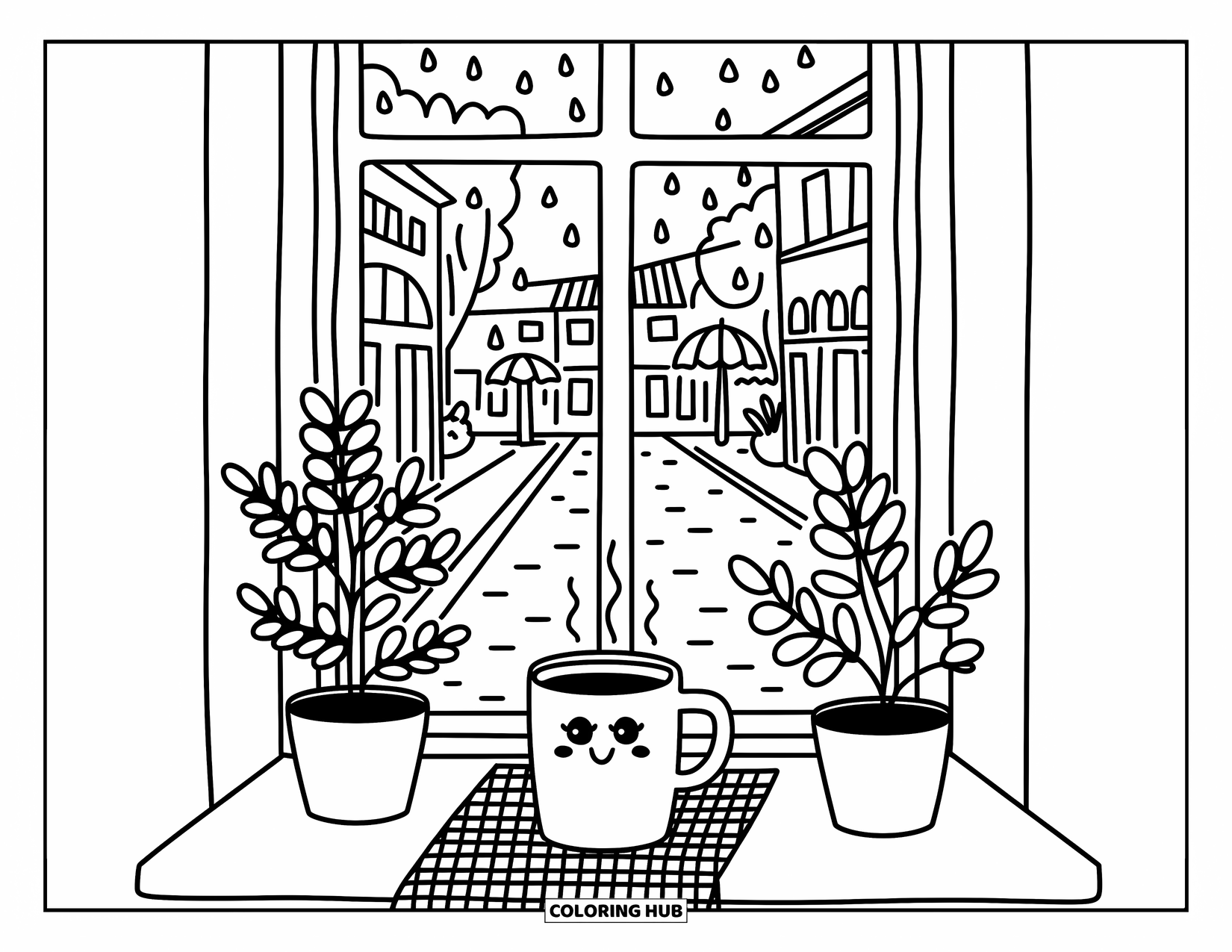 Rainy Day Coloring Page for Adults: A rainy window view with potted plants, a warm drink, and a quaint street outside