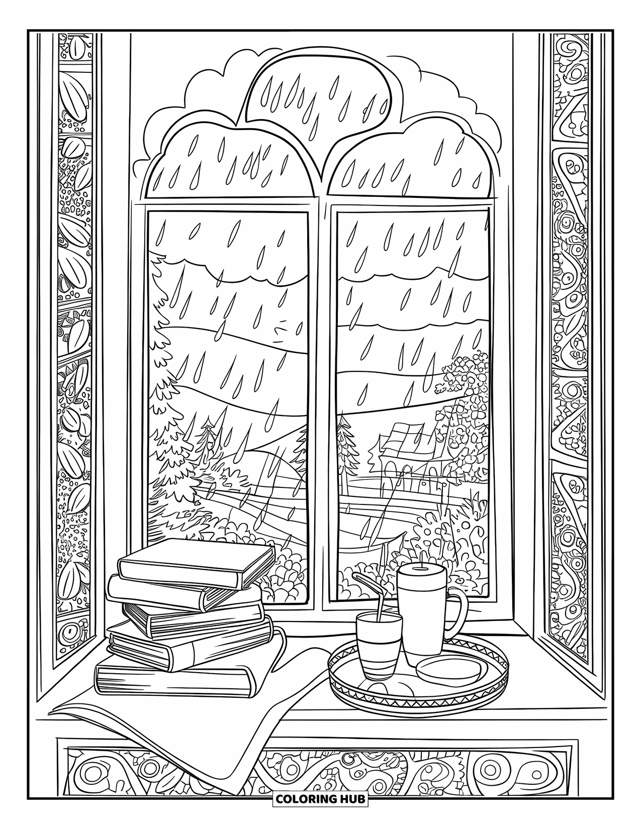 Rainy Day Coloring Page for Adults: A reading corner with books, a drink, and a patterned window overlooks a rainy view