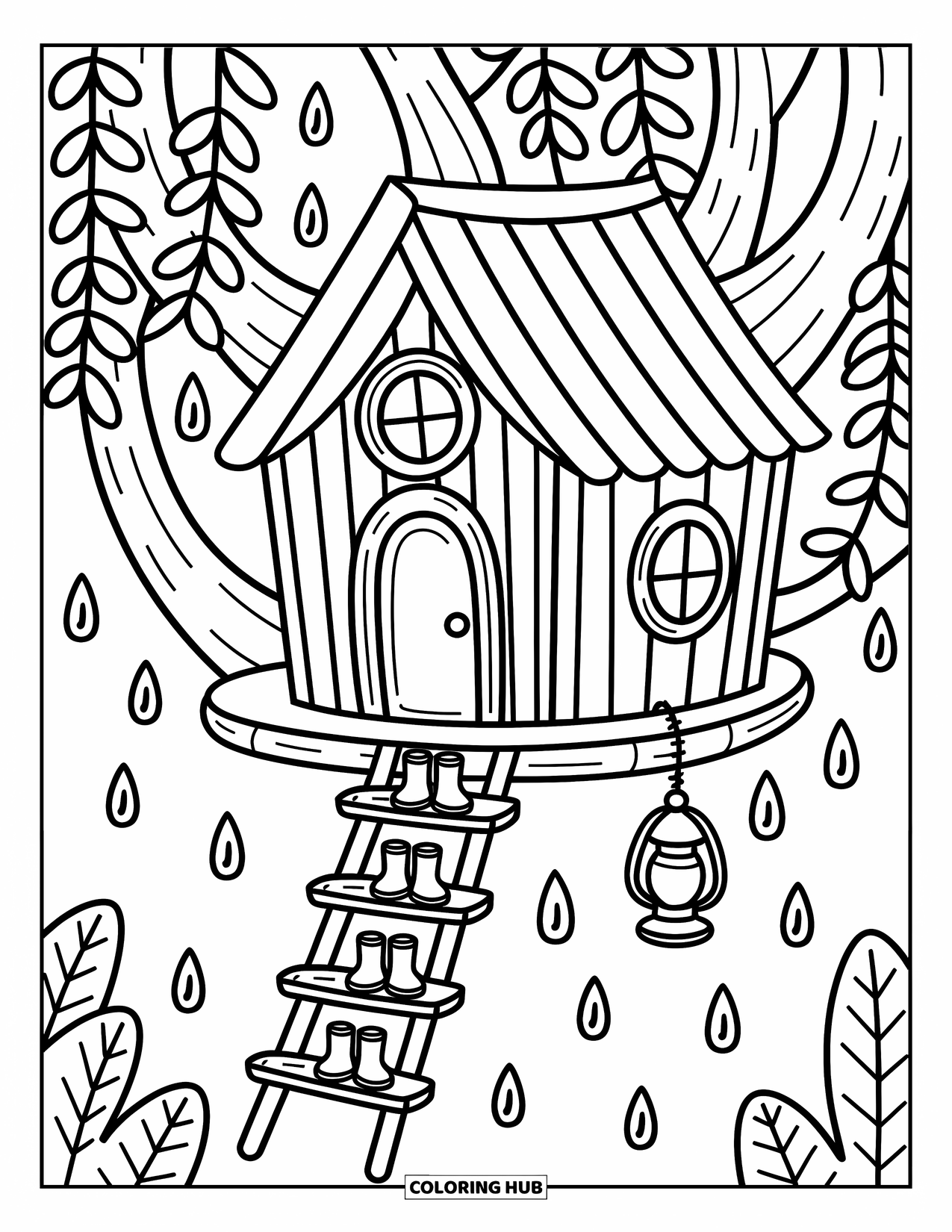Rainy Day Coloring Page for Adults: A treehouse with tiny boots and a lantern sits in a cozy, rain-kissed forest