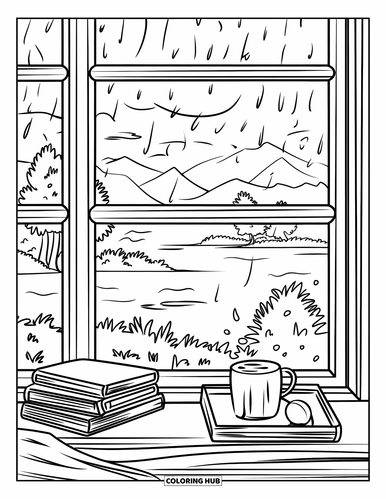 Rainy Day Coloring Page for Adults: A warm drink and books by the window set a cozy reading scene with mountains