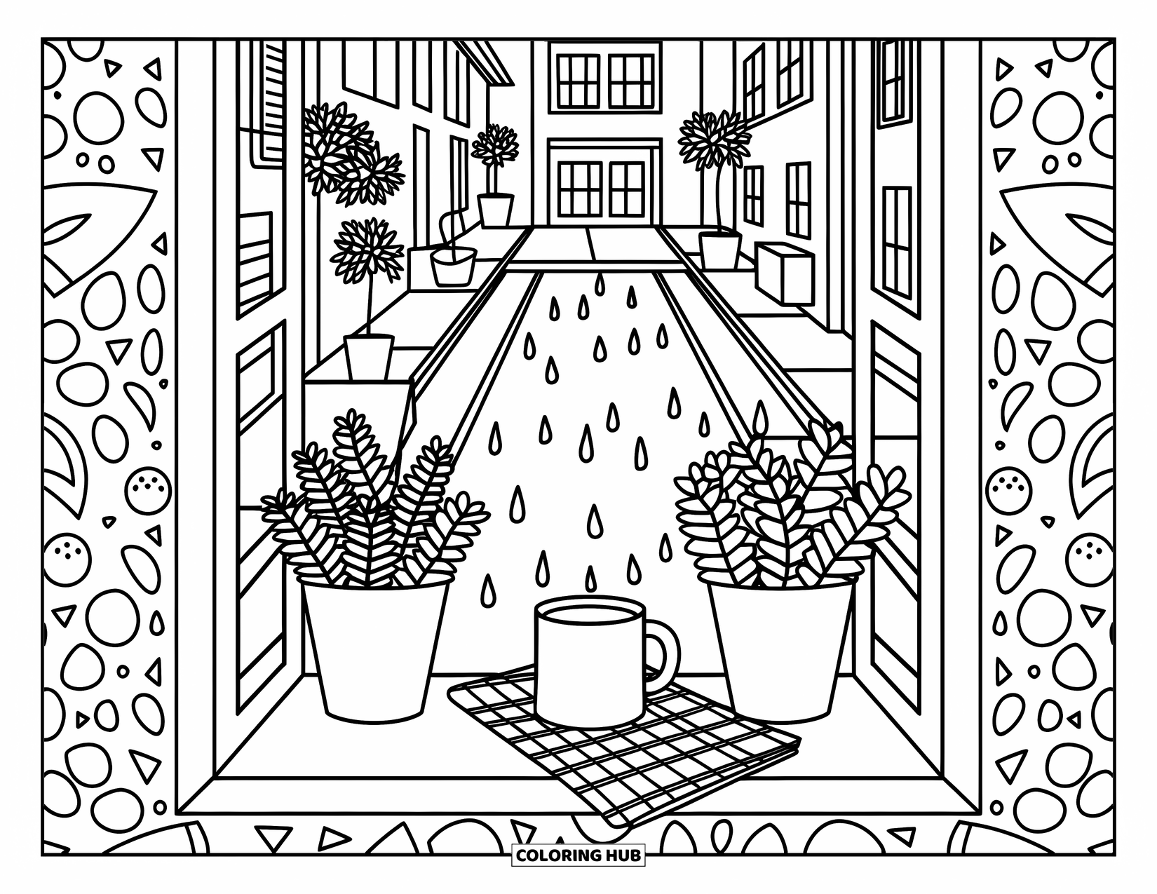 Rainy Day Coloring Page for Adults: A warm drink and potted plants by a rainy window create a cozy indoor moment