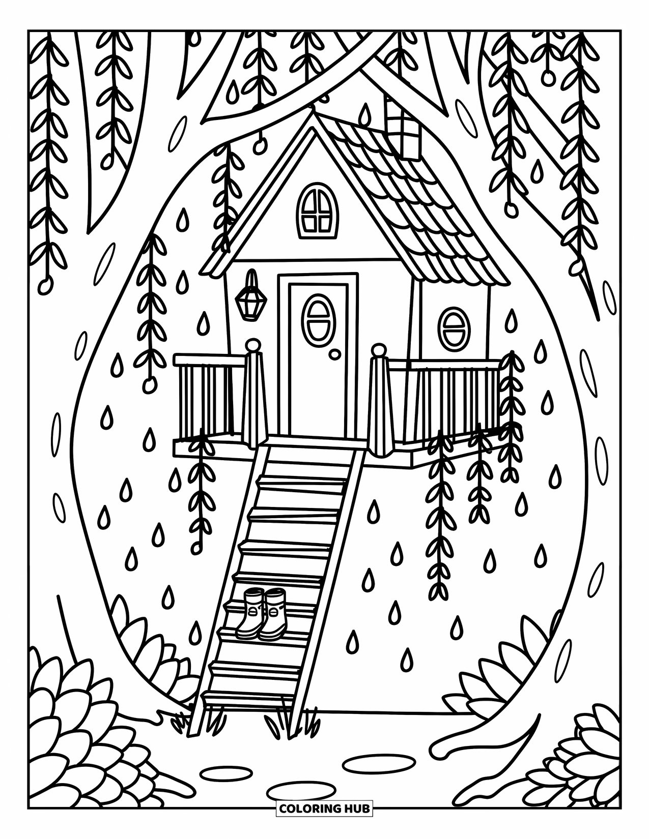 Rainy Day Coloring Page for Adults: A whimsical treehouse with a lantern and boots hangs among dripping forest leaves