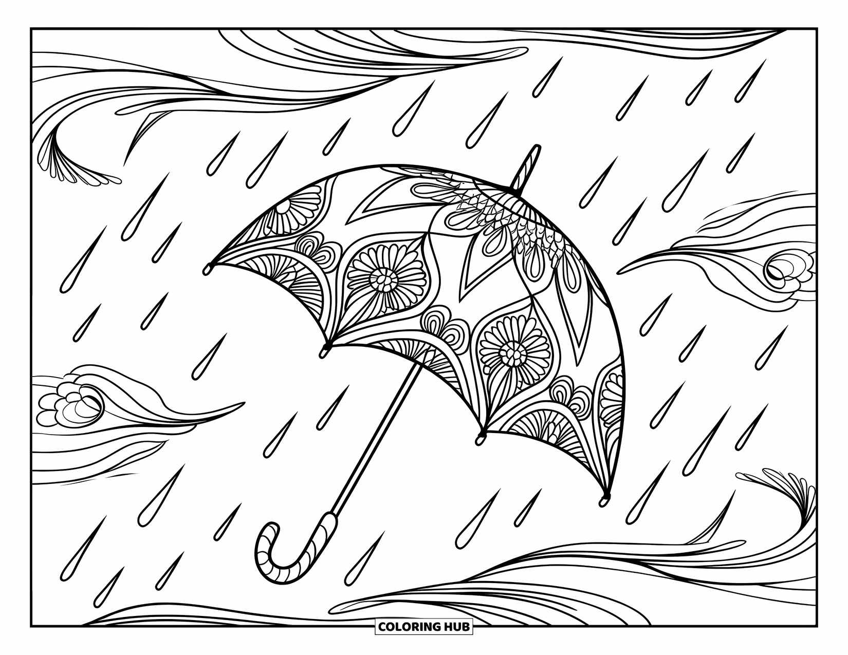 Rainy Day Coloring Page for Adults: An umbrella with floral patterns is surrounded by soft, swirling rain lines