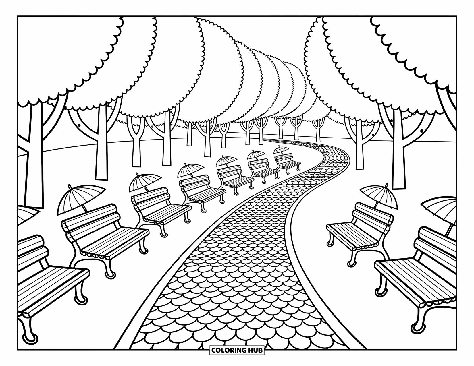 Rainy Day Coloring Page for Adults: Benches and umbrellas line a rainy park path surrounded by gently swaying trees
