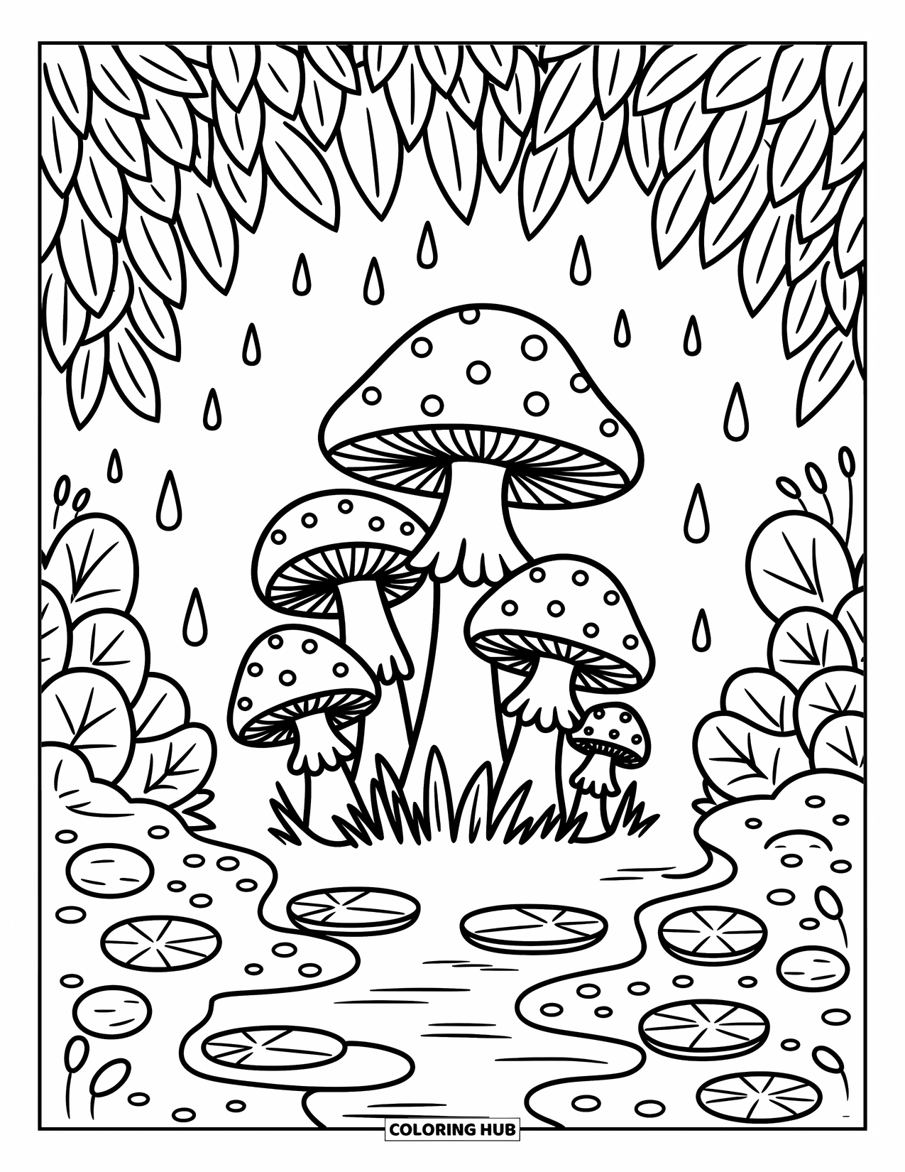 Rainy Day Coloring Page for Adults: Cute mushrooms enjoy the rain under leafy trees with a gentle creek nearby