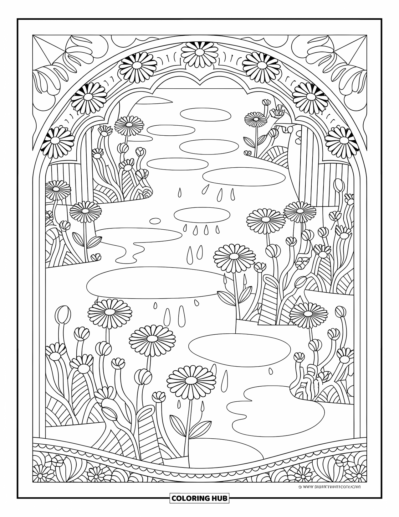 Rainy Day Coloring Page for Adults: Flowers bloom and puddles form in a peaceful garden filled with delicate patterns