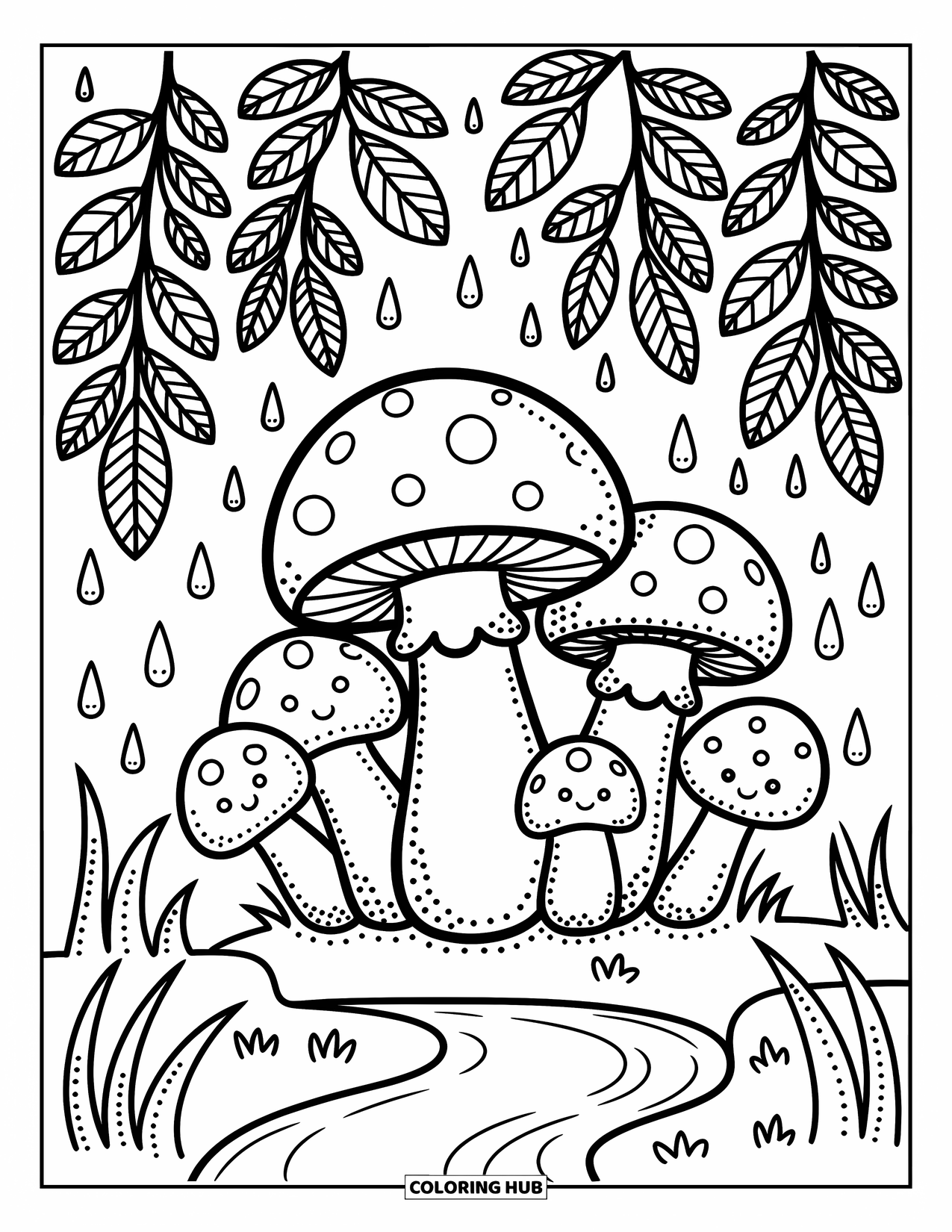 Rainy Day Coloring Page for Adults: Happy mushrooms and raindrops rest under leaves near a winding forest creek
