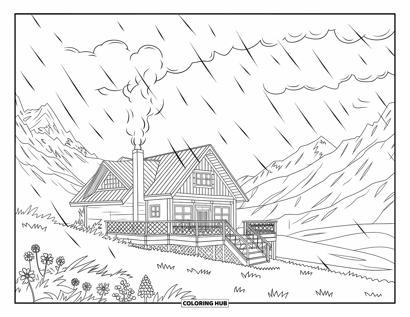 Rainy Day Coloring Page for Adults: Rain falls over a quiet mountain cabin with a deck, wildflowers, and a scenic view