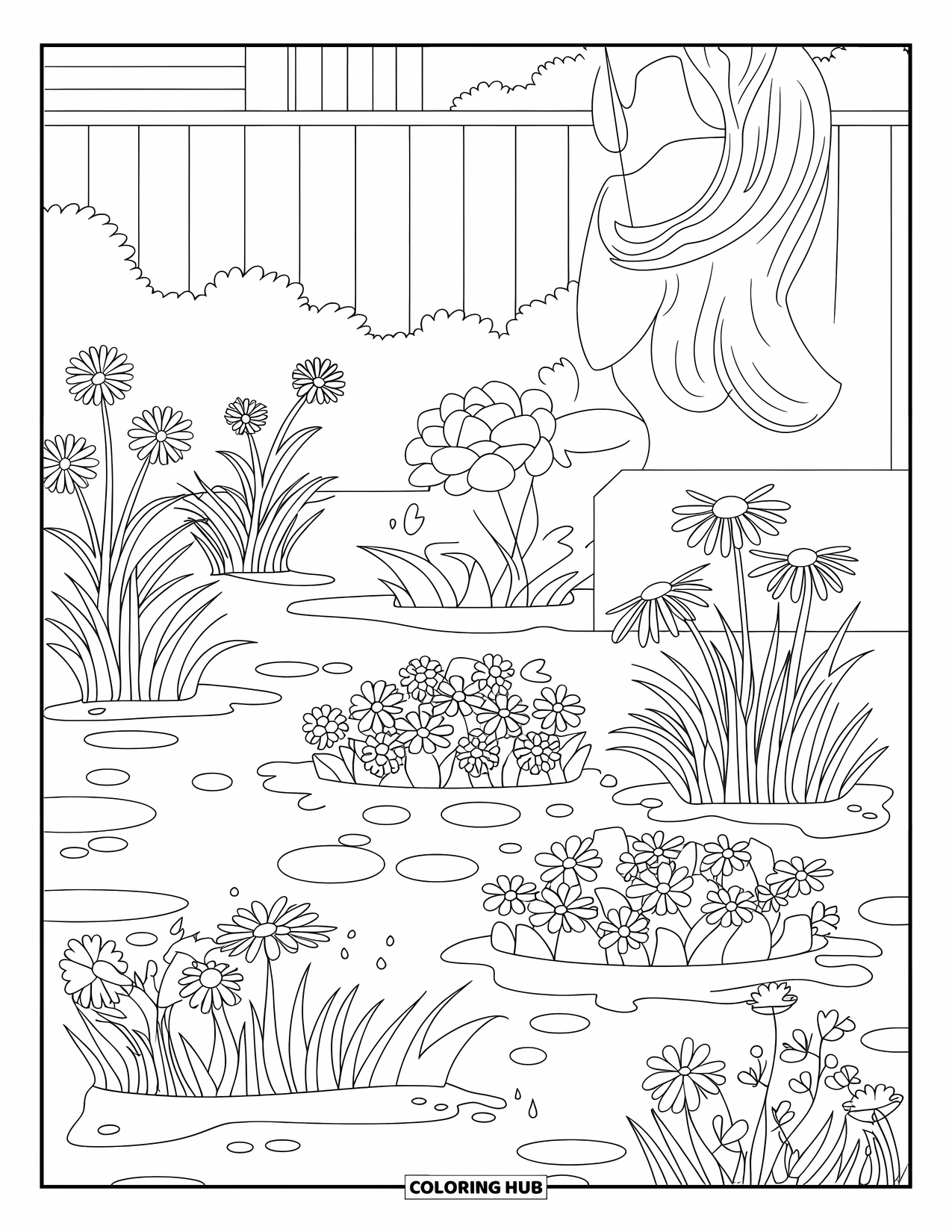 Rainy Day Coloring Page for Adults: Rain fills puddles around flowers and a garden statue in a calm outdoor space
