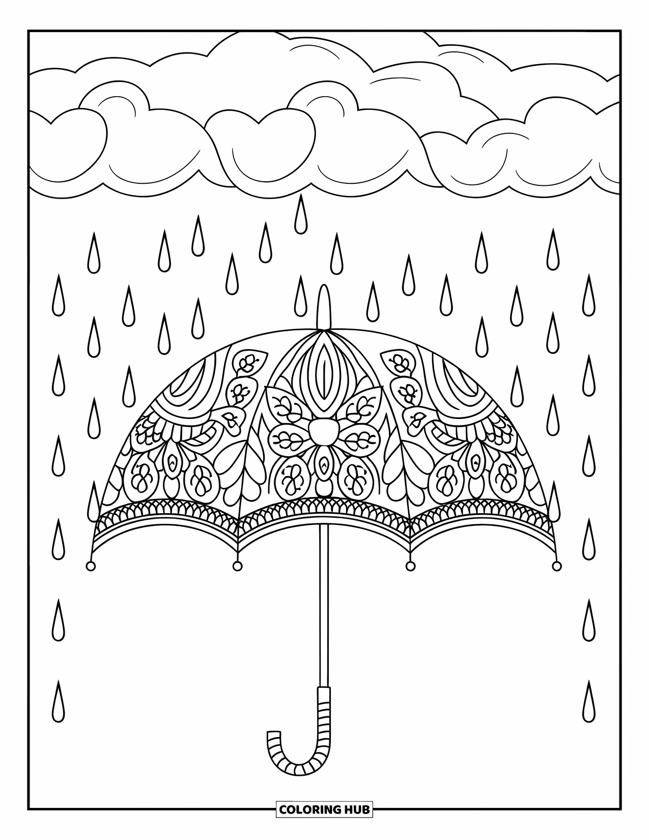 Rainy Day Coloring Page for Adults: Raindrops fall around a floral umbrella beneath a cloudy, patterned sky