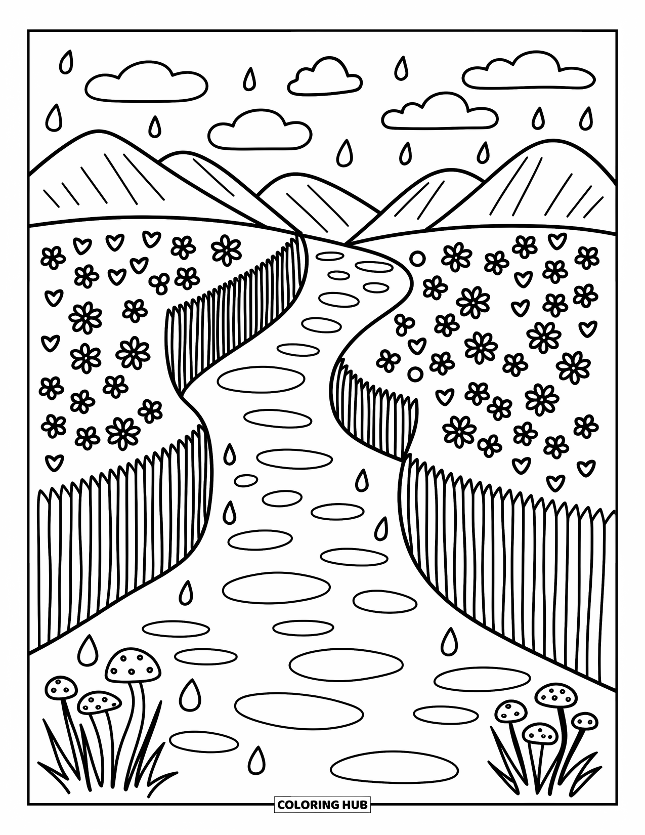 Rainy Day Coloring Page for Adults: Raindrops ripple across a quiet stream near wildflowers and cozy mountain views