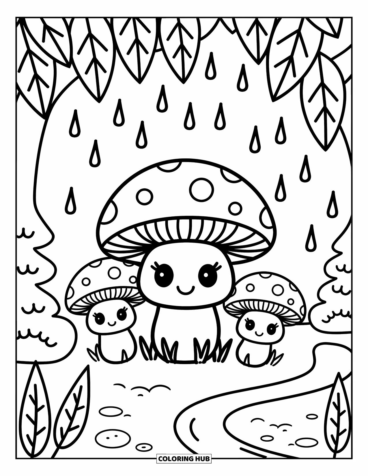 Rainy Day Coloring Page for Adults: Smiling mushrooms stand beneath leafy drips beside a tiny creek in a quiet forest