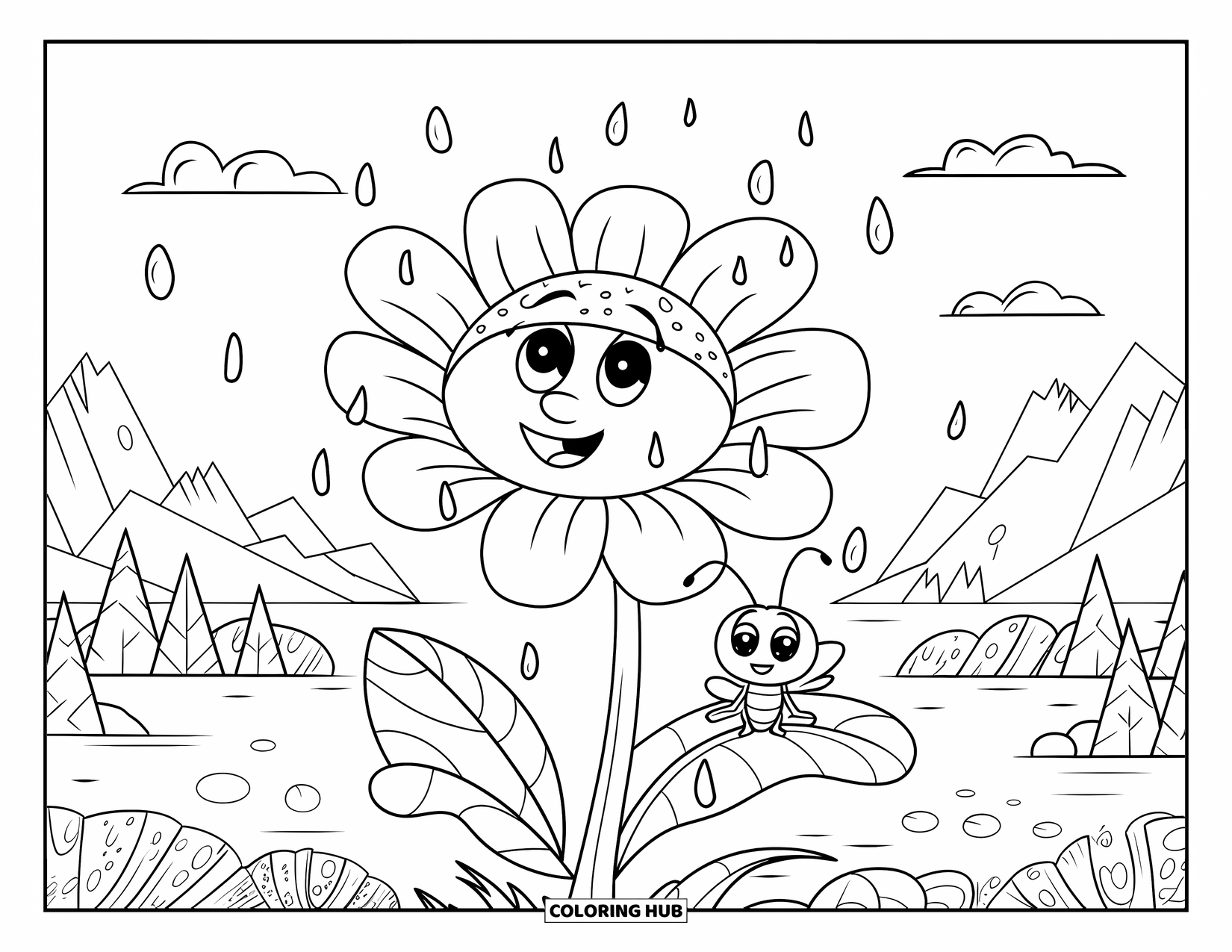 Rainy Day Coloring Page for Kids: A bug relaxes on a leaf beside a raindrop-covered flower