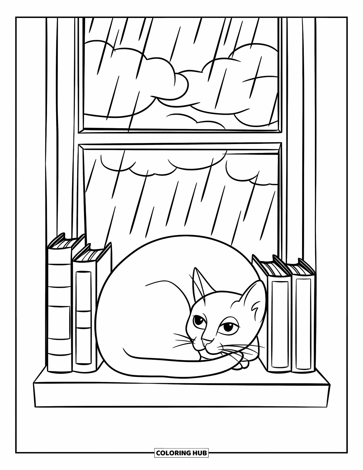 Rainy Day Coloring Page for Kids: A cat curls up on a windowsill while soft rain falls outside