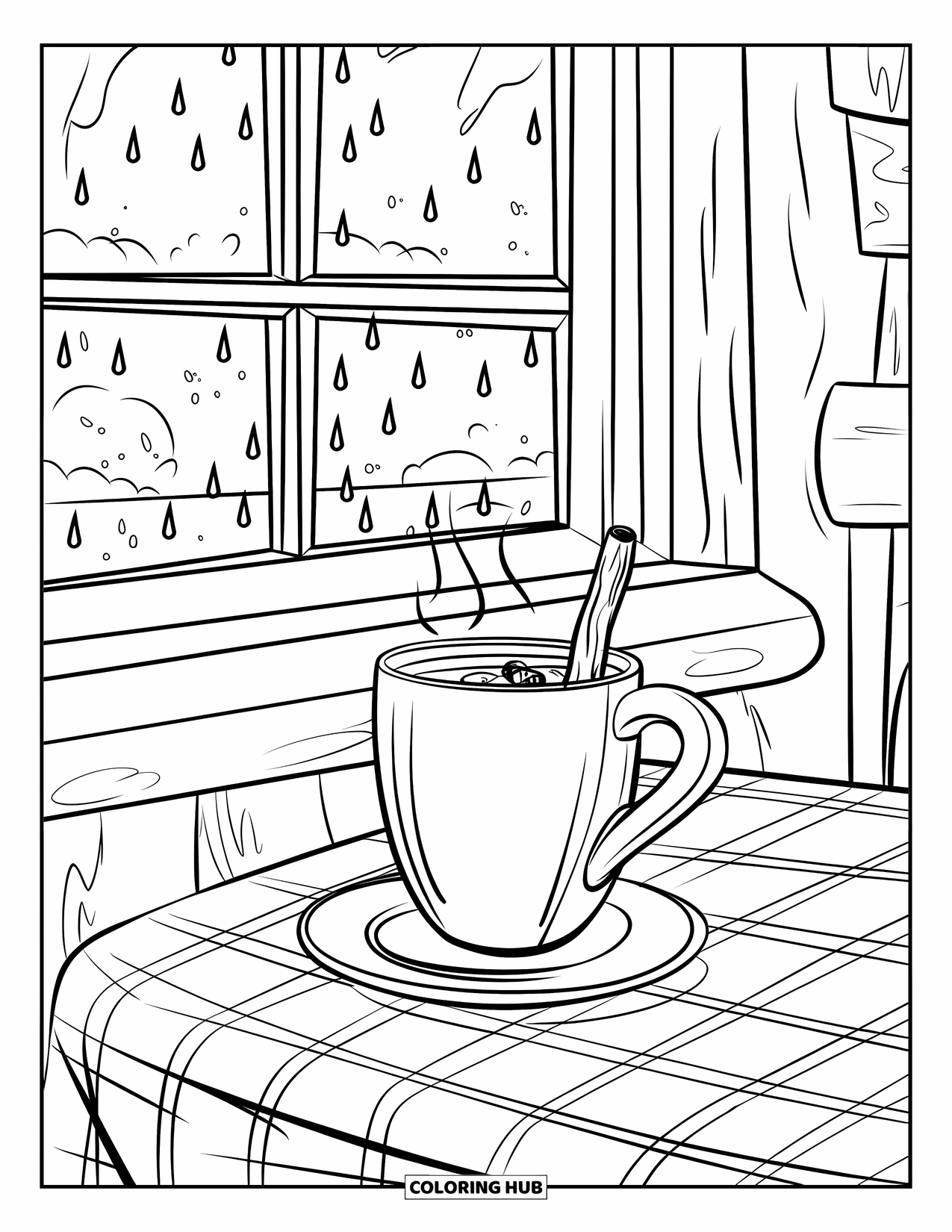 Rainy Day Coloring Page for Kids: A checkered table and steaming mug rest by a rainy window view