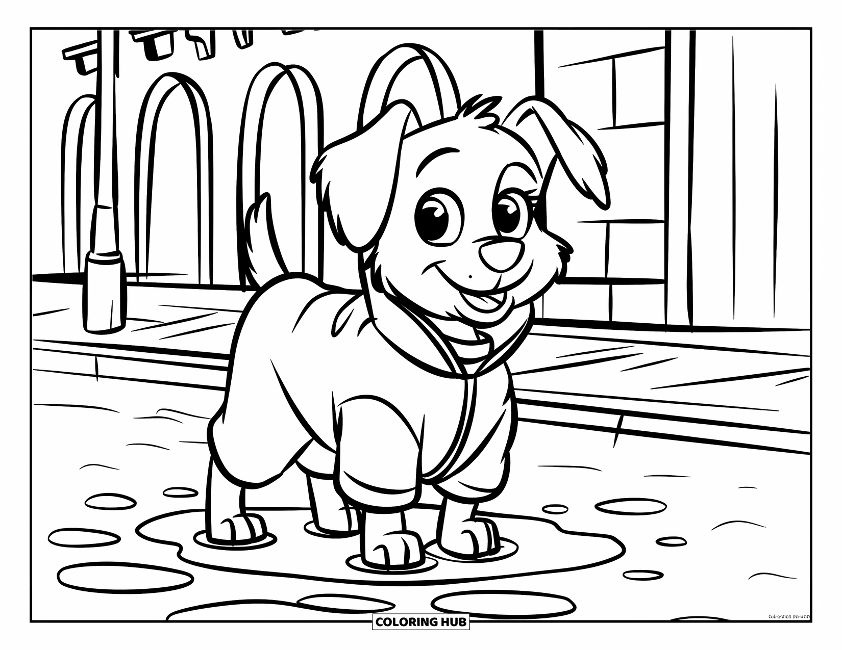 Rainy Day Coloring Page for Kids: A cheerful dog in a raincoat stands in a puddle with a big smile
