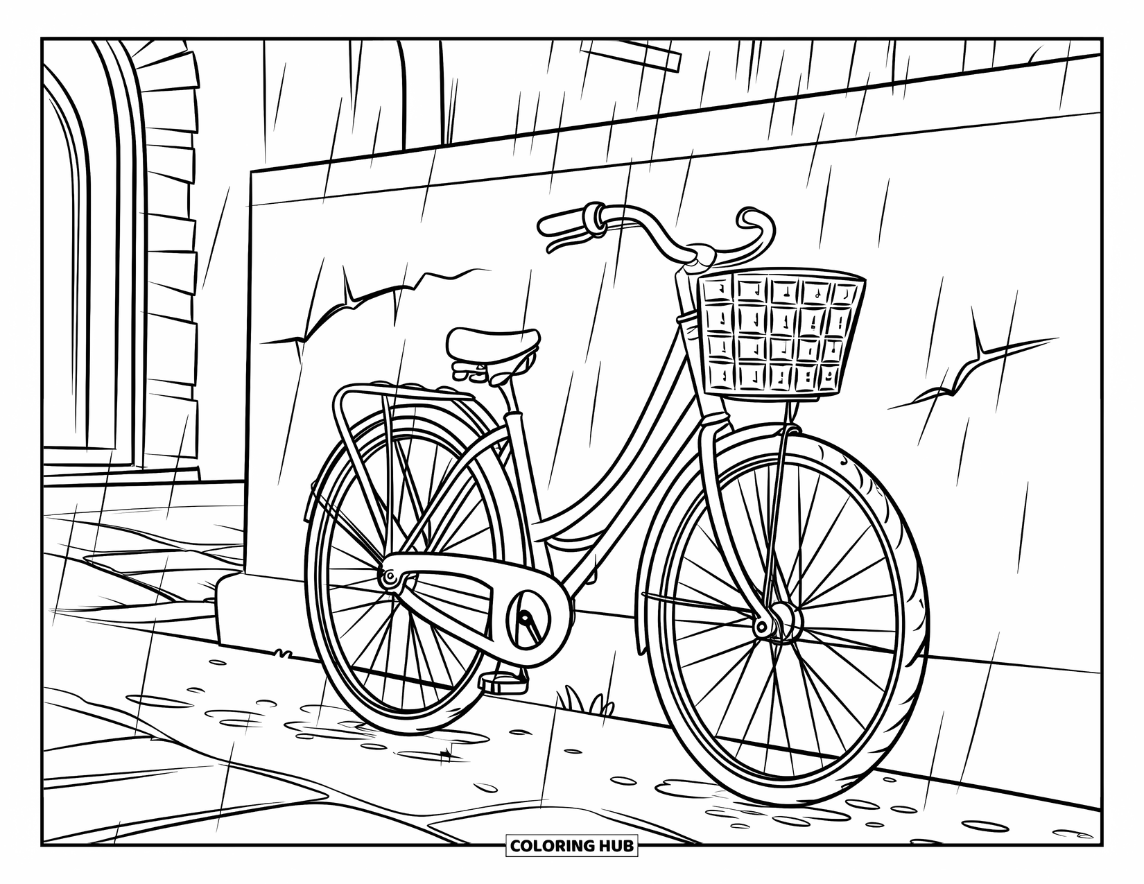 Rainy Day Coloring Page for Kids: A cobbled street holds a bike with a basket as rain falls gently around