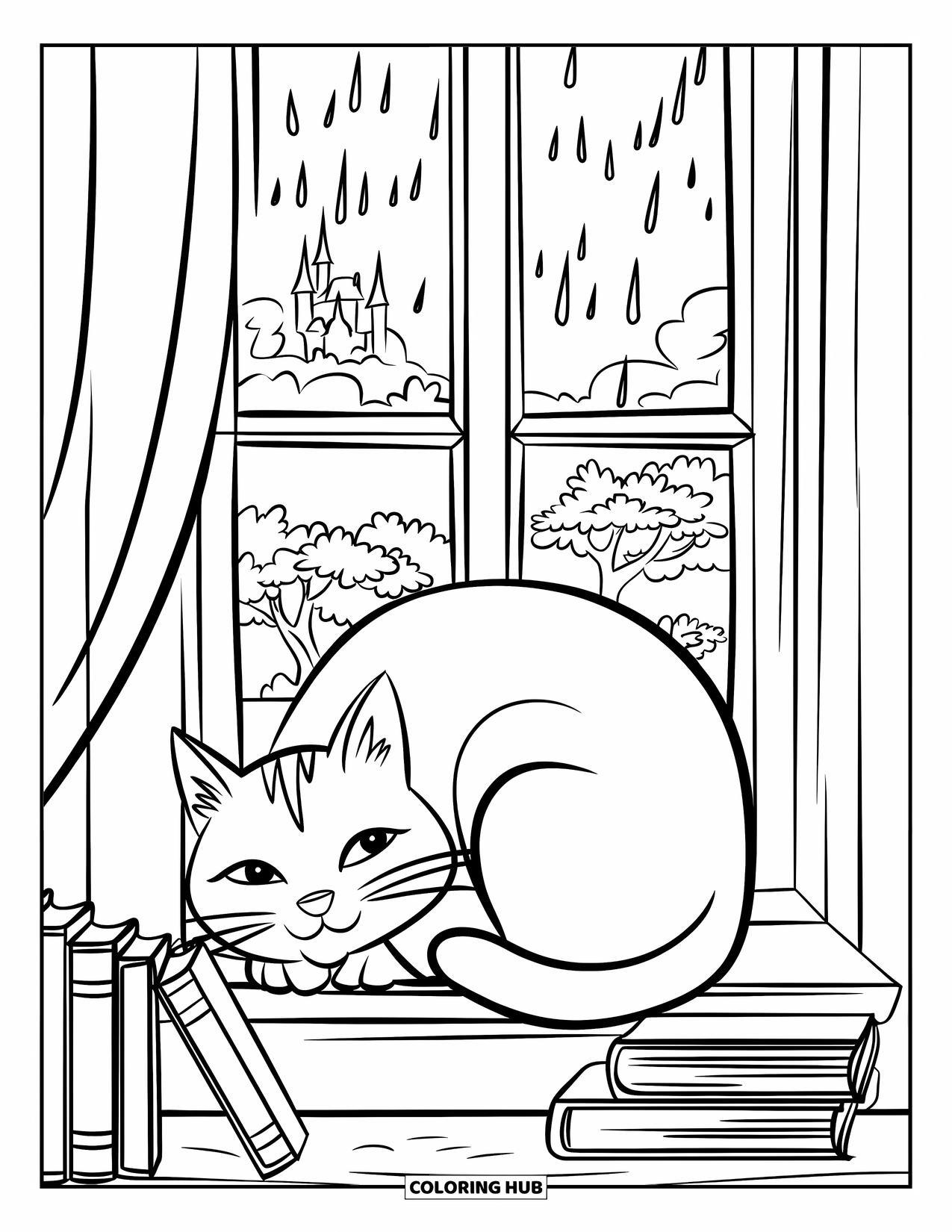 Rainy Day Coloring Page for Kids: A cozy cat naps on a windowsill surrounded by books and gentle rain