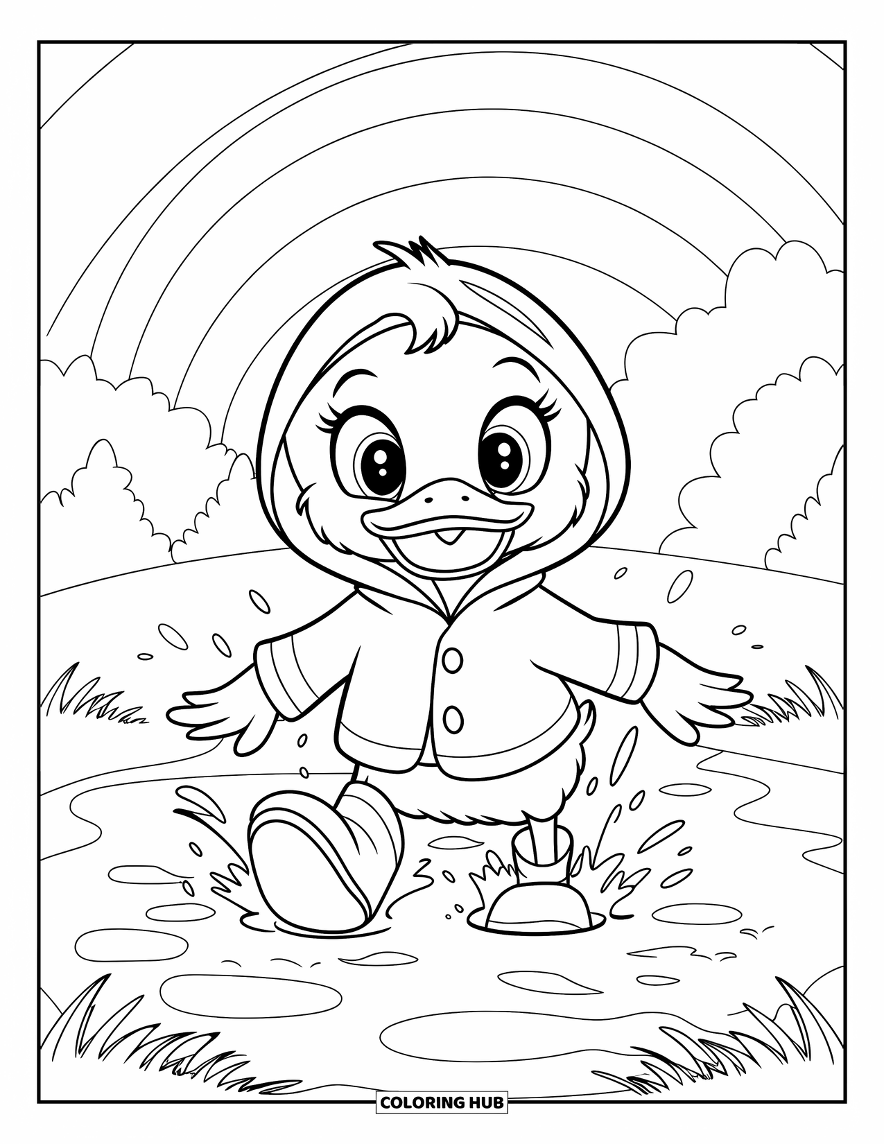 Rainy Day Coloring Page for Kids: A duck in a raincoat and boots splashes joyfully under a rainbow sky