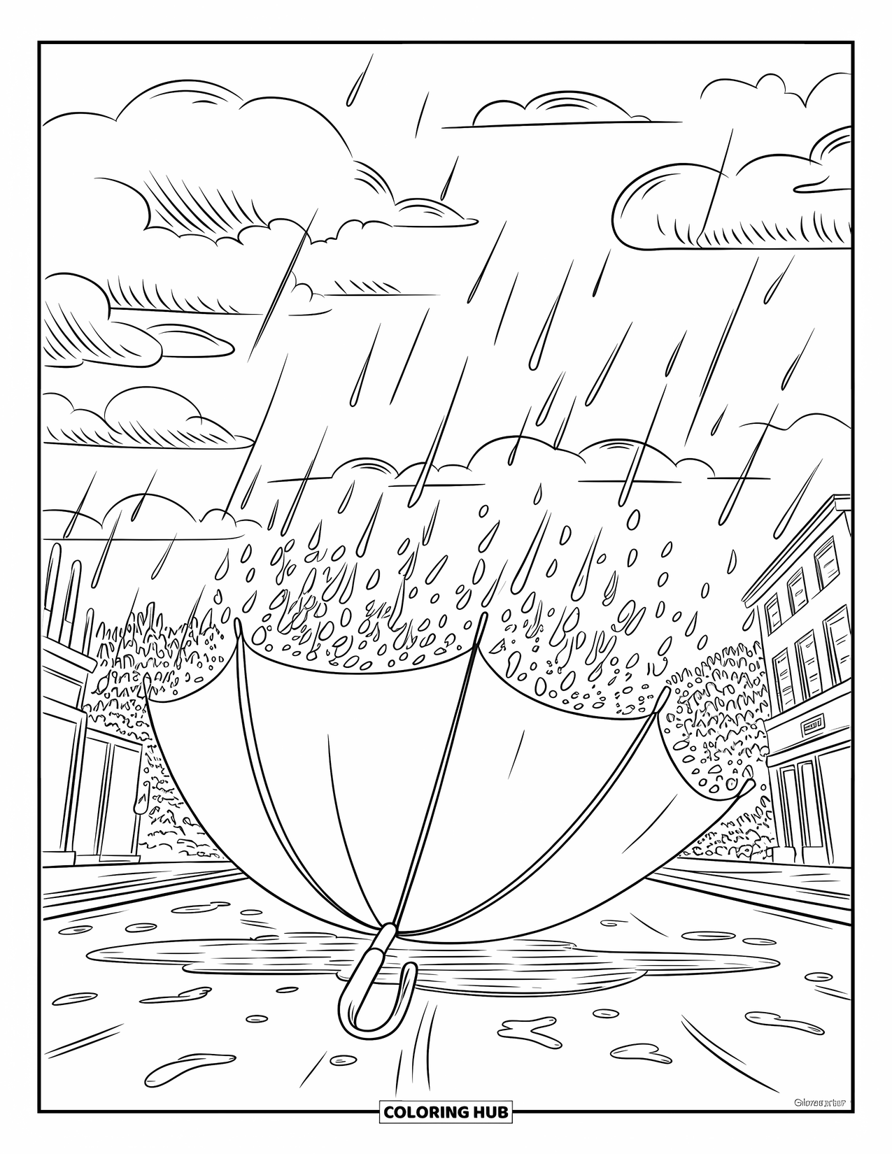 Rainy Day Coloring Page for Kids: A flipped umbrella struggles against heavy rain in a windy city
