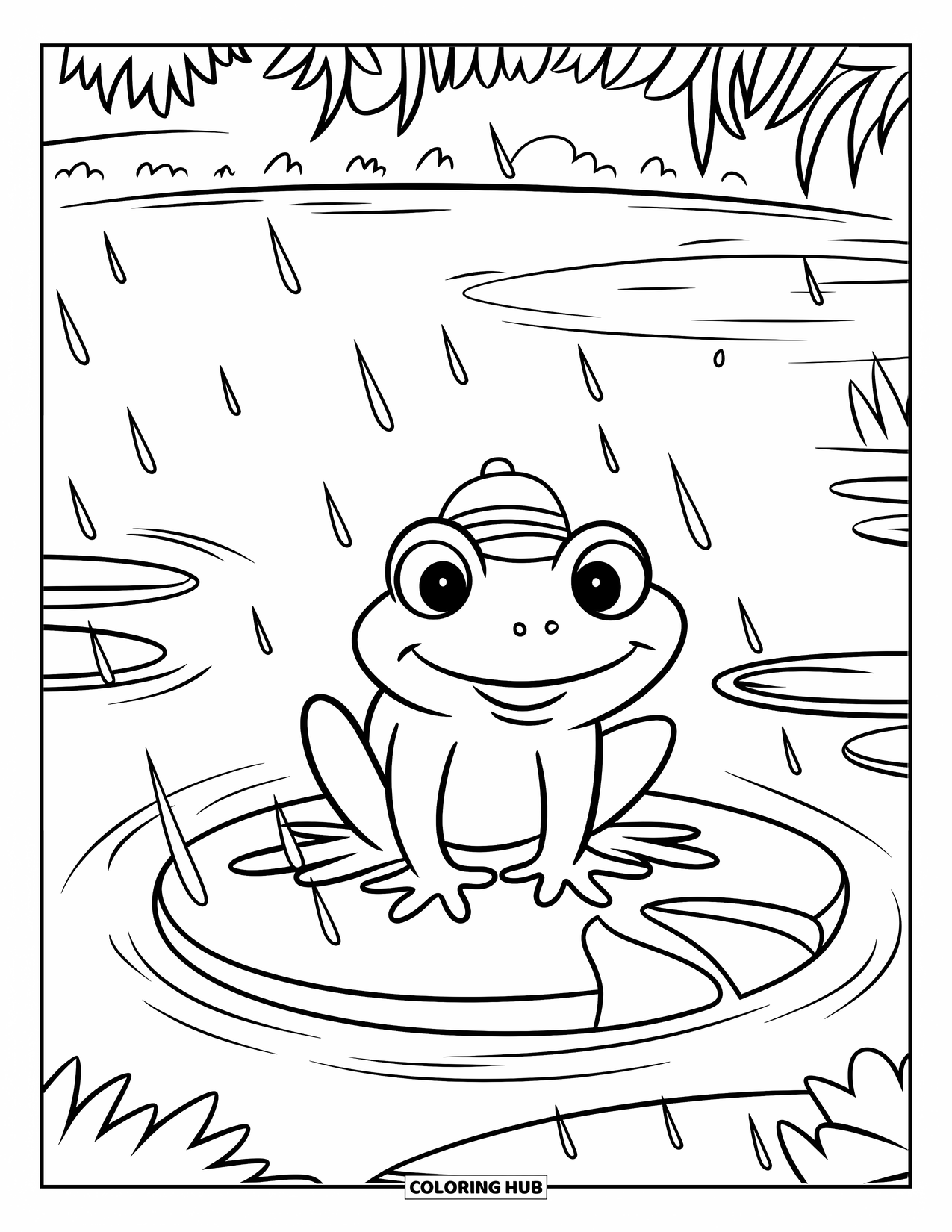 Rainy Day Coloring Page for Kids: A frog in a tiny hat sits on a lily pad while it rains
